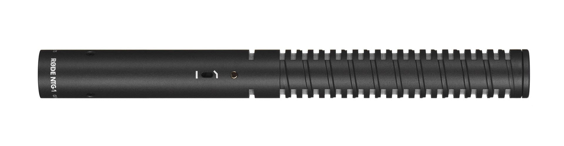 Micrófono de cañón negro Rode NTG-1 con cabezal acanalado y interruptor.
