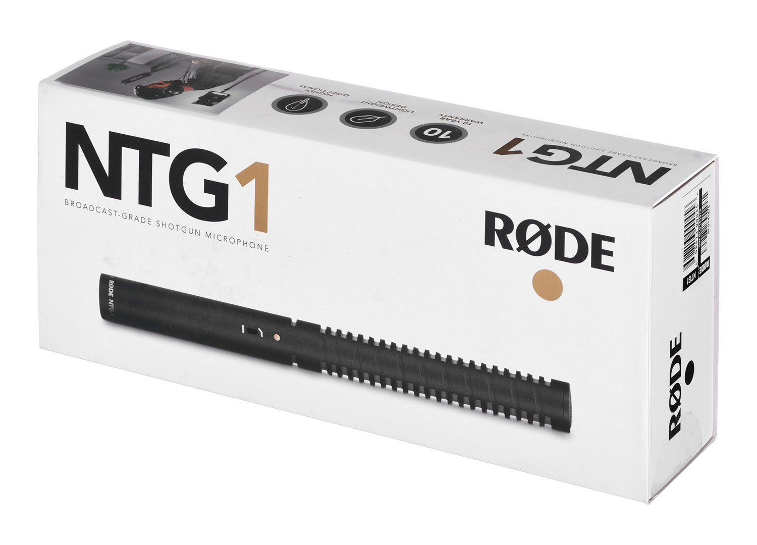 Caja de micrófono RØDE NTG1 con micrófono.