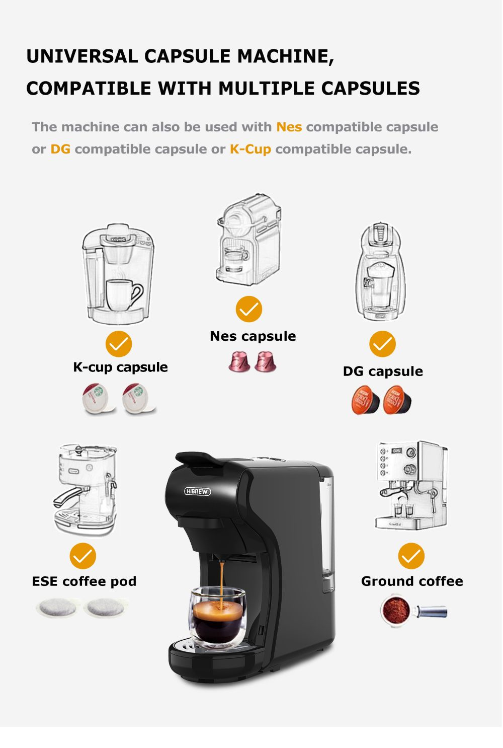 Una macchina da caffè nera prepara espresso in un bicchiere. Vari tipi di capsule mostrati.