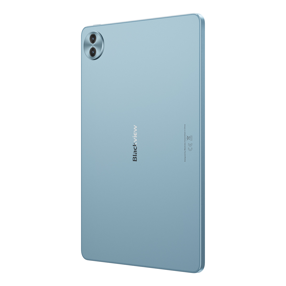 Reverso de una tablet azul claro con cámara dual y el logo BlackView.