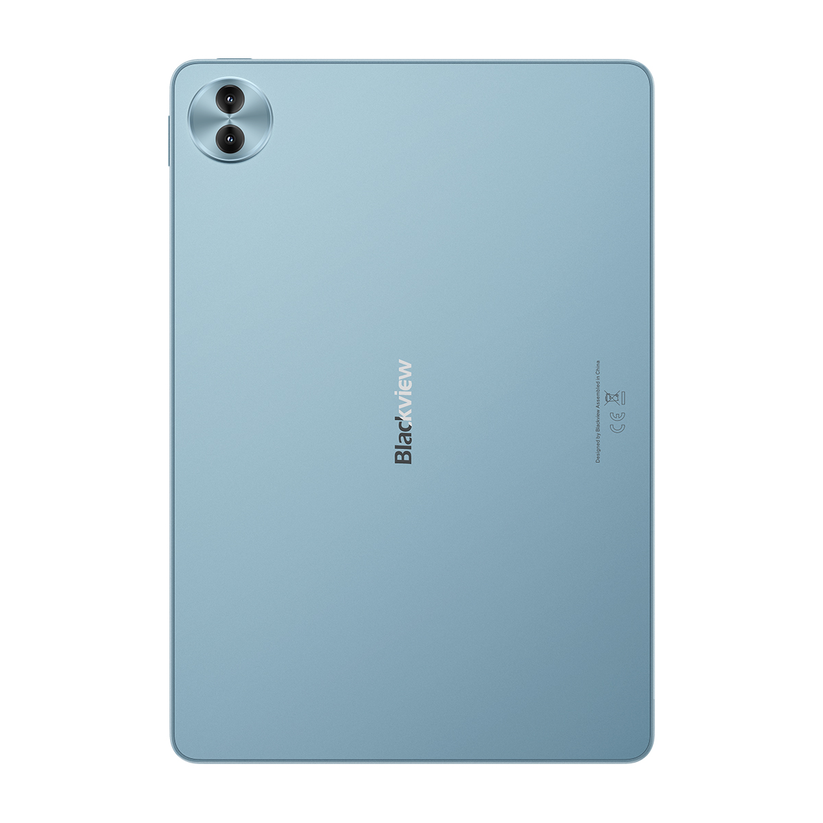 Parte trasera de una tablet azul claro con dos cámaras y el logo de Blackview.