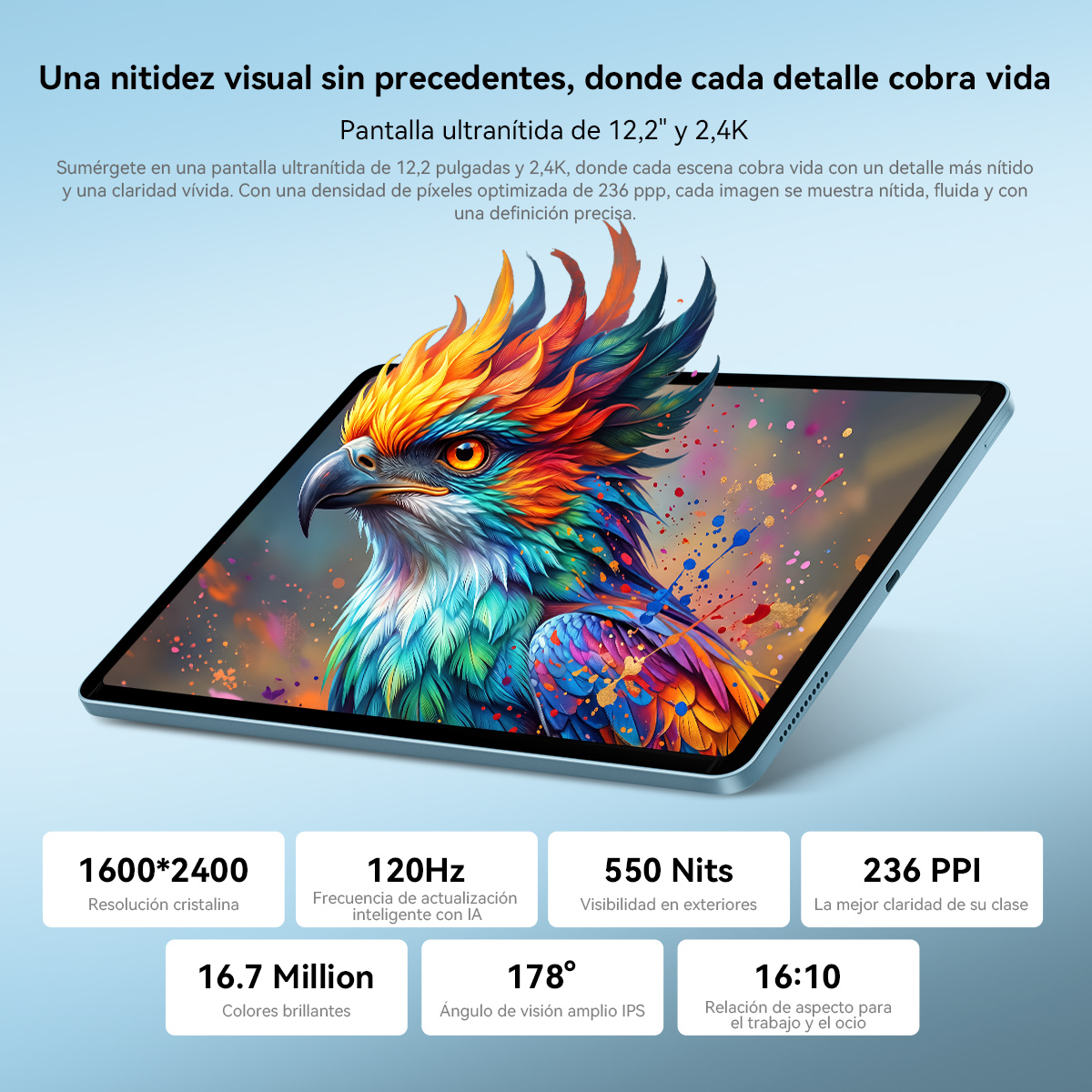 Una tablet muestra la cabeza de un ave colorida en una pantalla de 12,2 pulgadas y 2,4K.