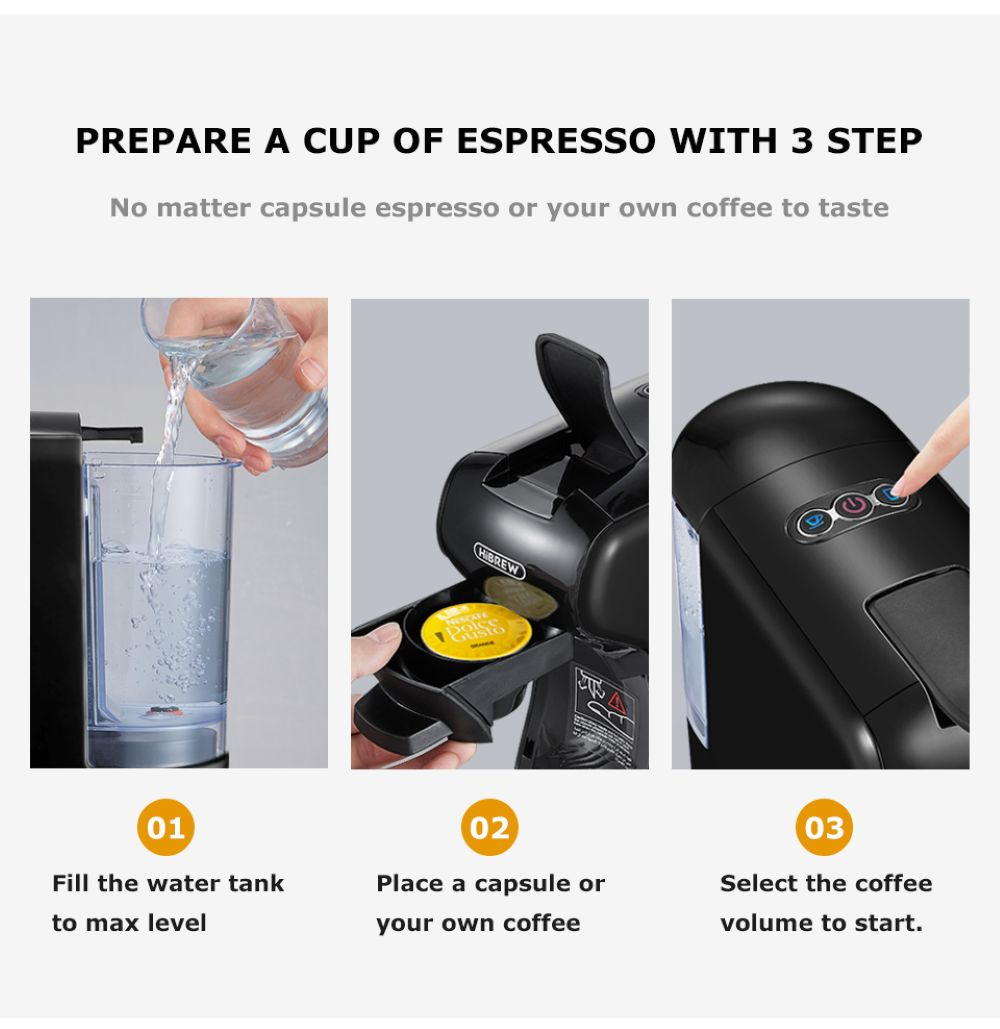 Preparazione espresso in 3 passaggi: riempire acqua, inserire capsula, selezionare volume.