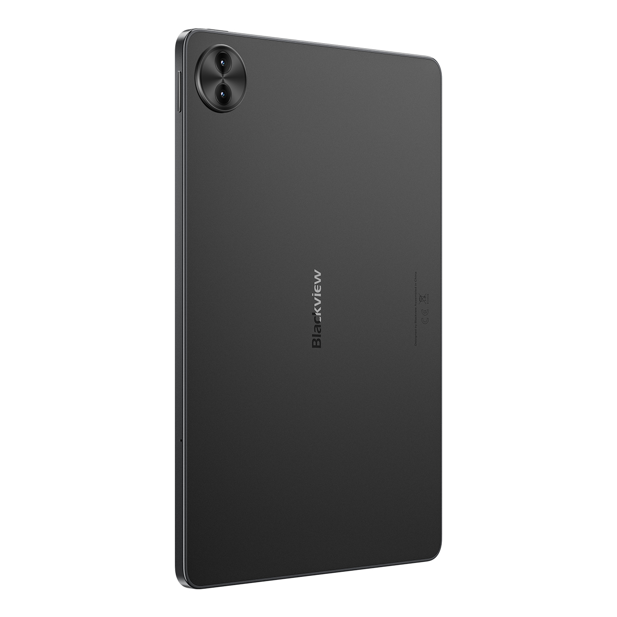 Parte trasera de una tablet Blackview negra con dos cámaras arriba a la izquierda.
