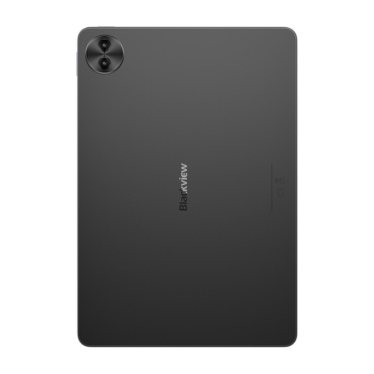 Parte trasera de una tablet Blackview negra con doble cámara y marca CE.