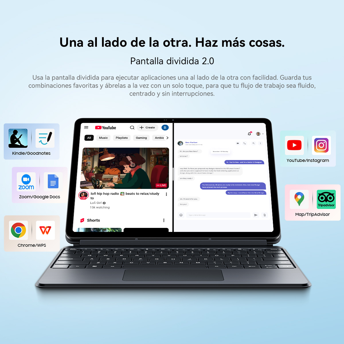 Una tablet con teclado muestra pantalla dividida con YouTube y app de chat.
