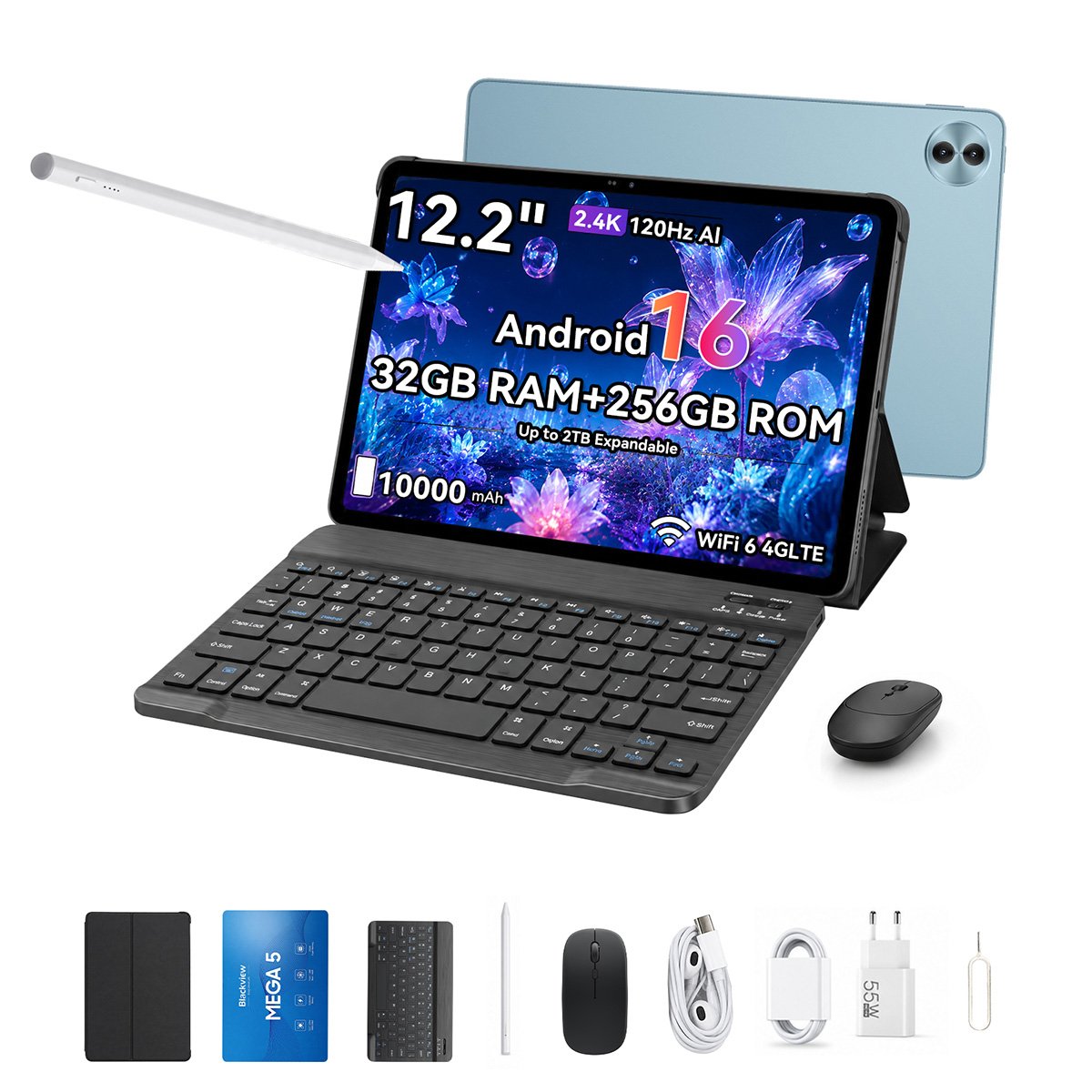 Una tableta con teclado, lápiz y ratón, accesorios abajo.