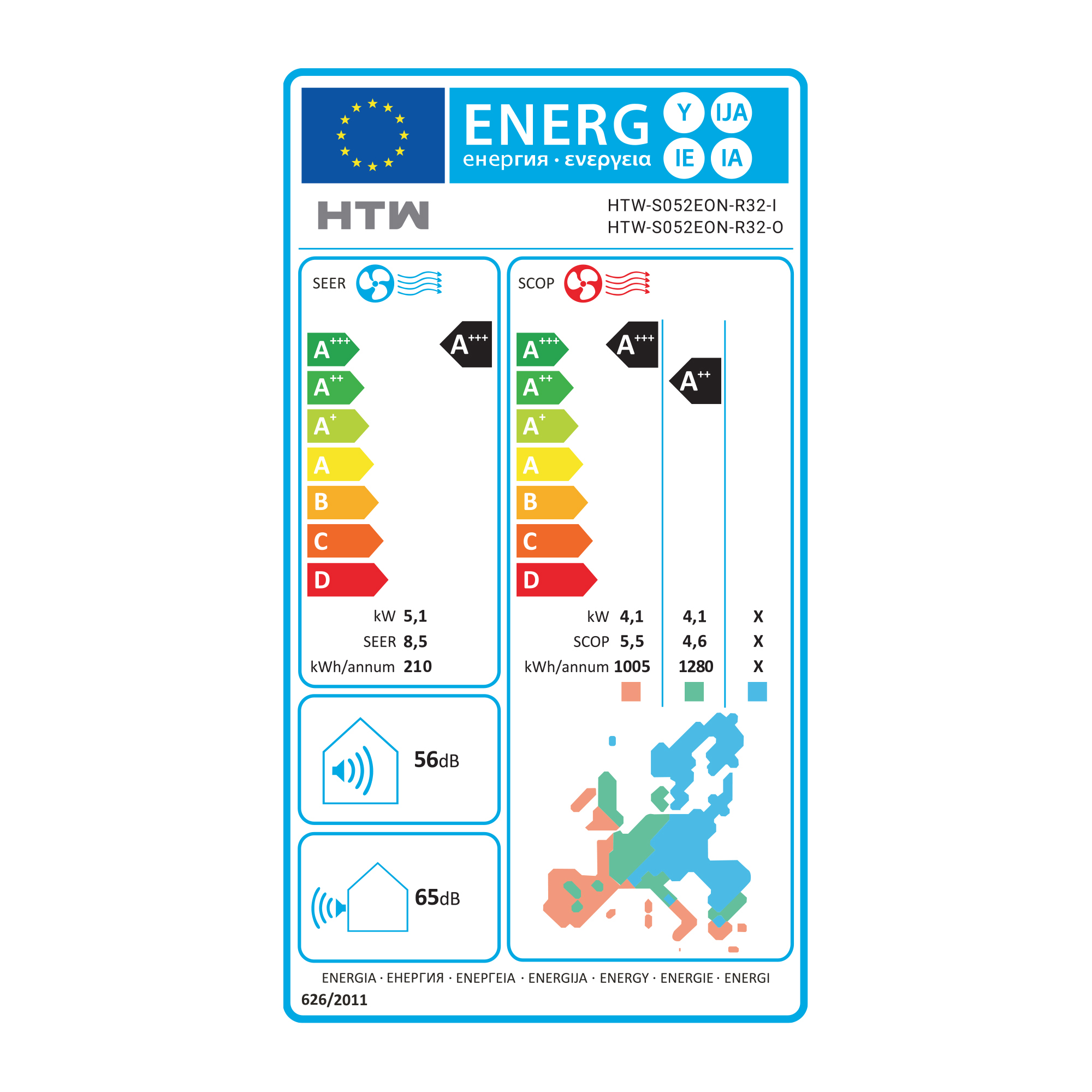 Etiqueta de eficiencia energética para aire acondicionado HTW con clasificaciones SEER y SCOP, niveles de ruido y mapa de la UE.