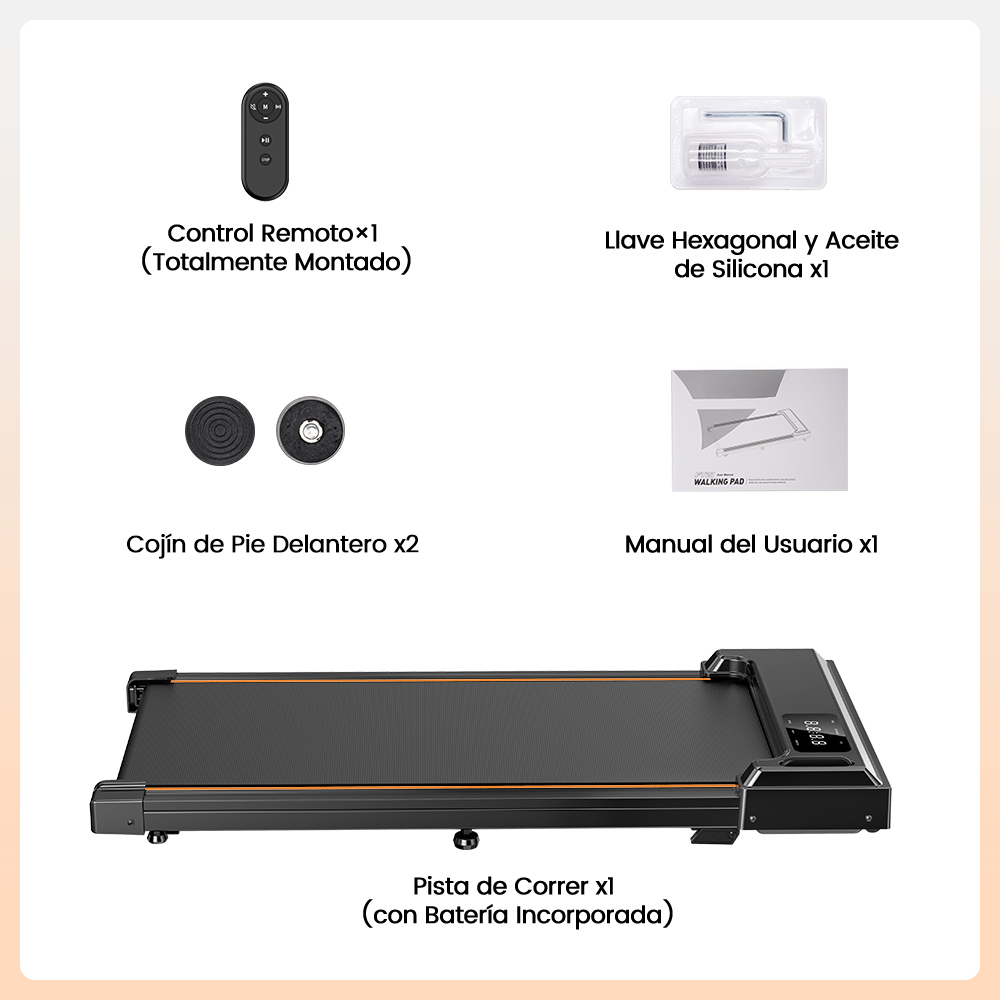 Una cinta de correr con mando, llave Allen, aceite, almohadillas y manual.