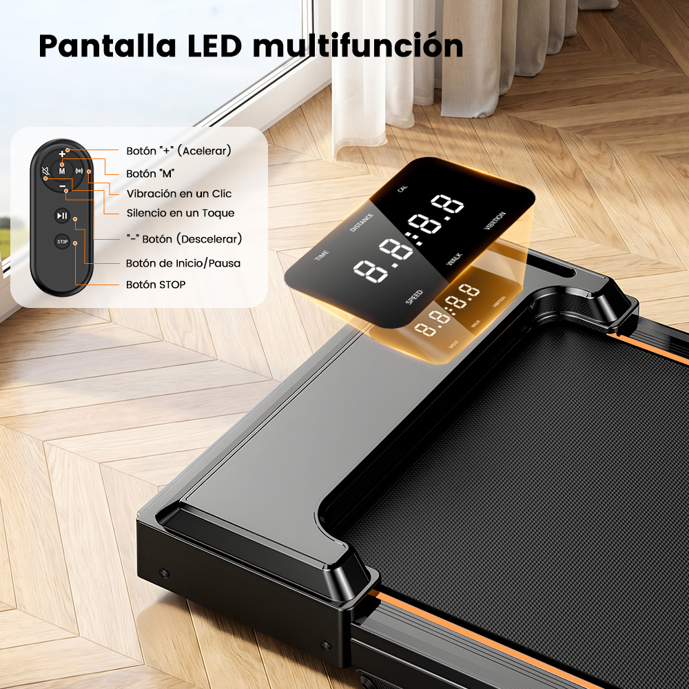 Un control remoto negro para cinta de correr con botones y pantalla LED.