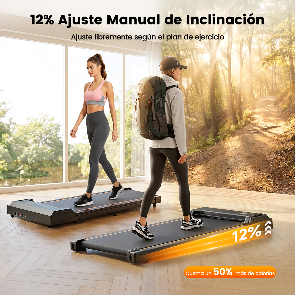 Dos personas en cintas de correr en una sala con grandes ventanales y vista al bosque.