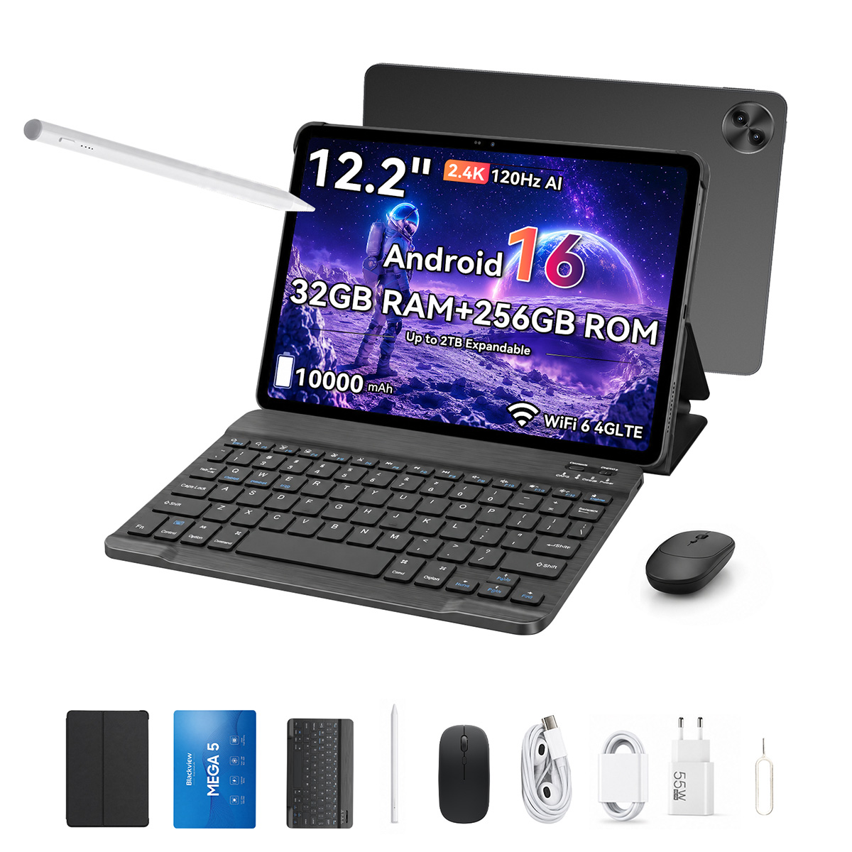 Tablet con teclado, lápiz, ratón y accesorios. Android 16, 12,2 pulgadas, 32GB RAM.