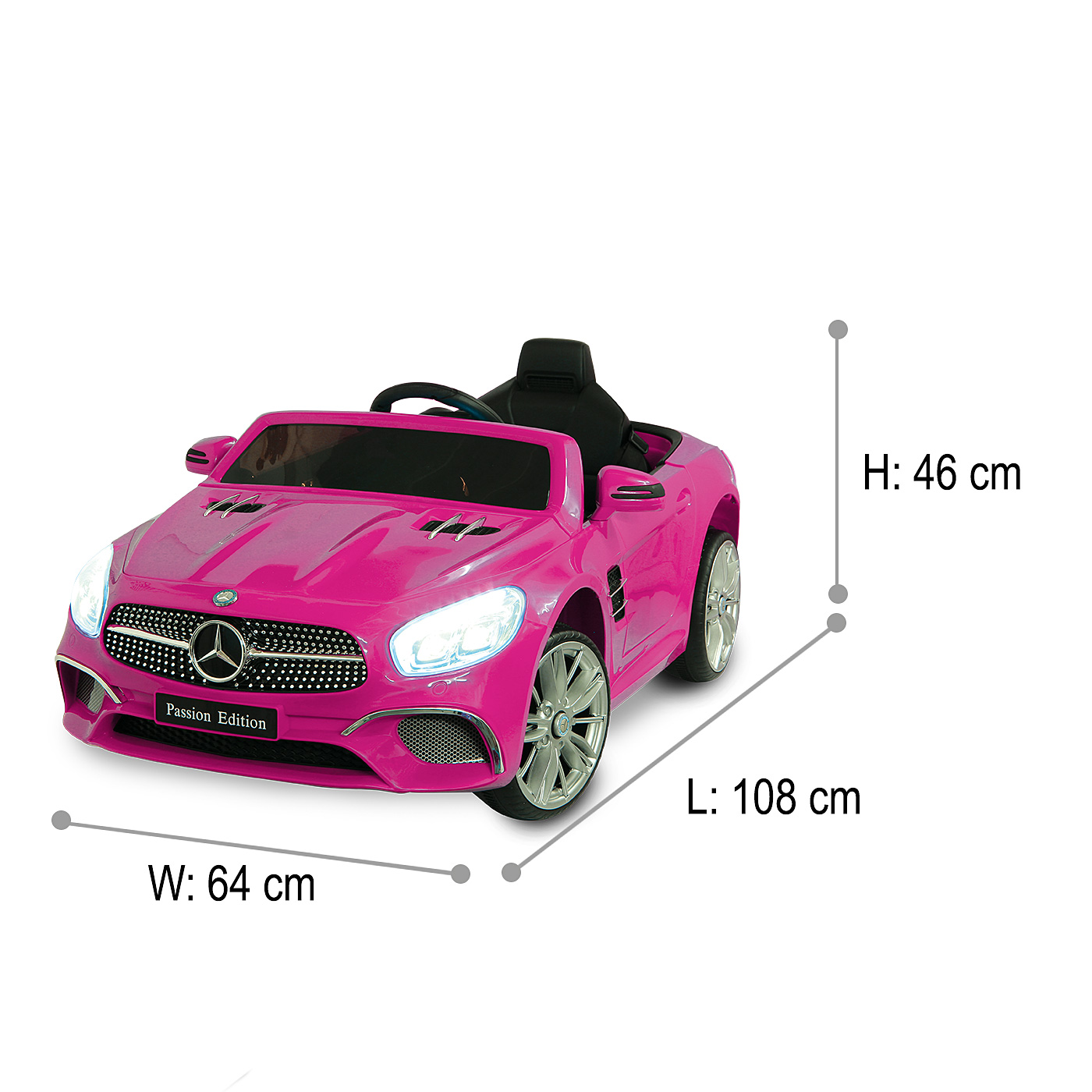 Una macchina sportiva elettrica per bambini rosa con etichetta "Passion Edition".