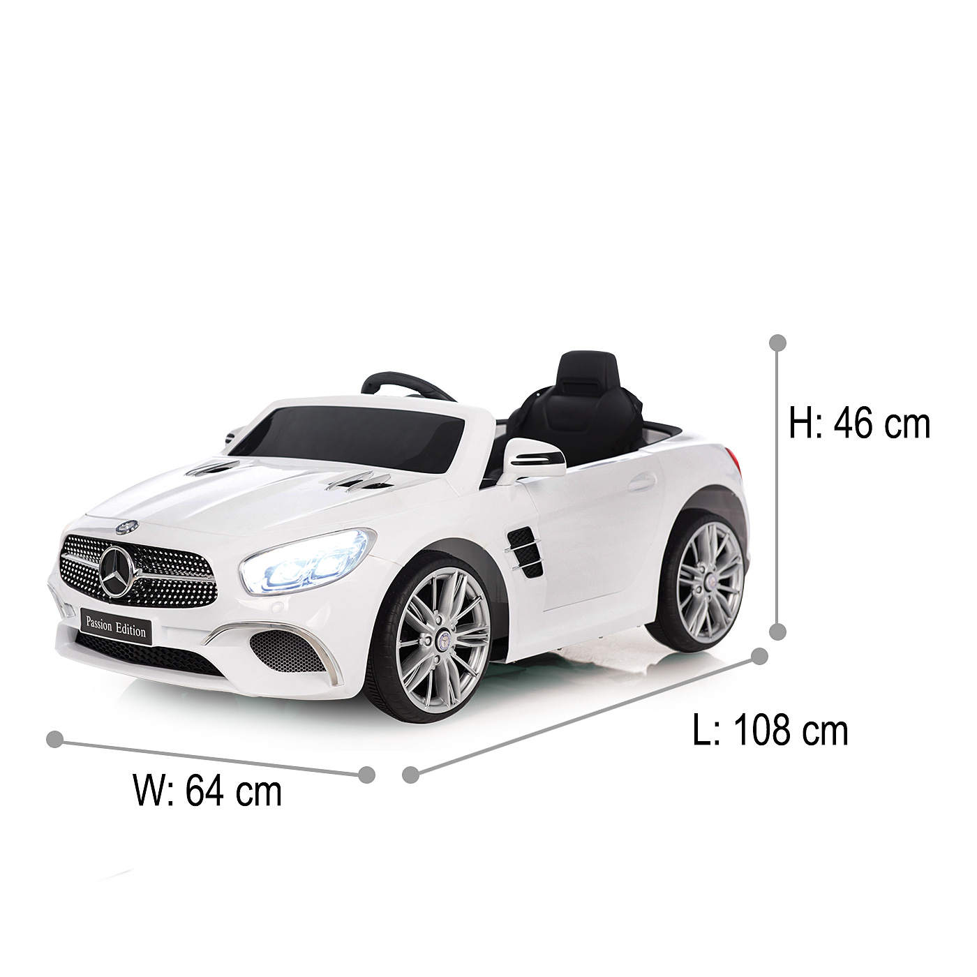 Ein weißes Spielzeugauto mit schwarzen Ledersitzen, detaillierten Rädern und Lichtern.