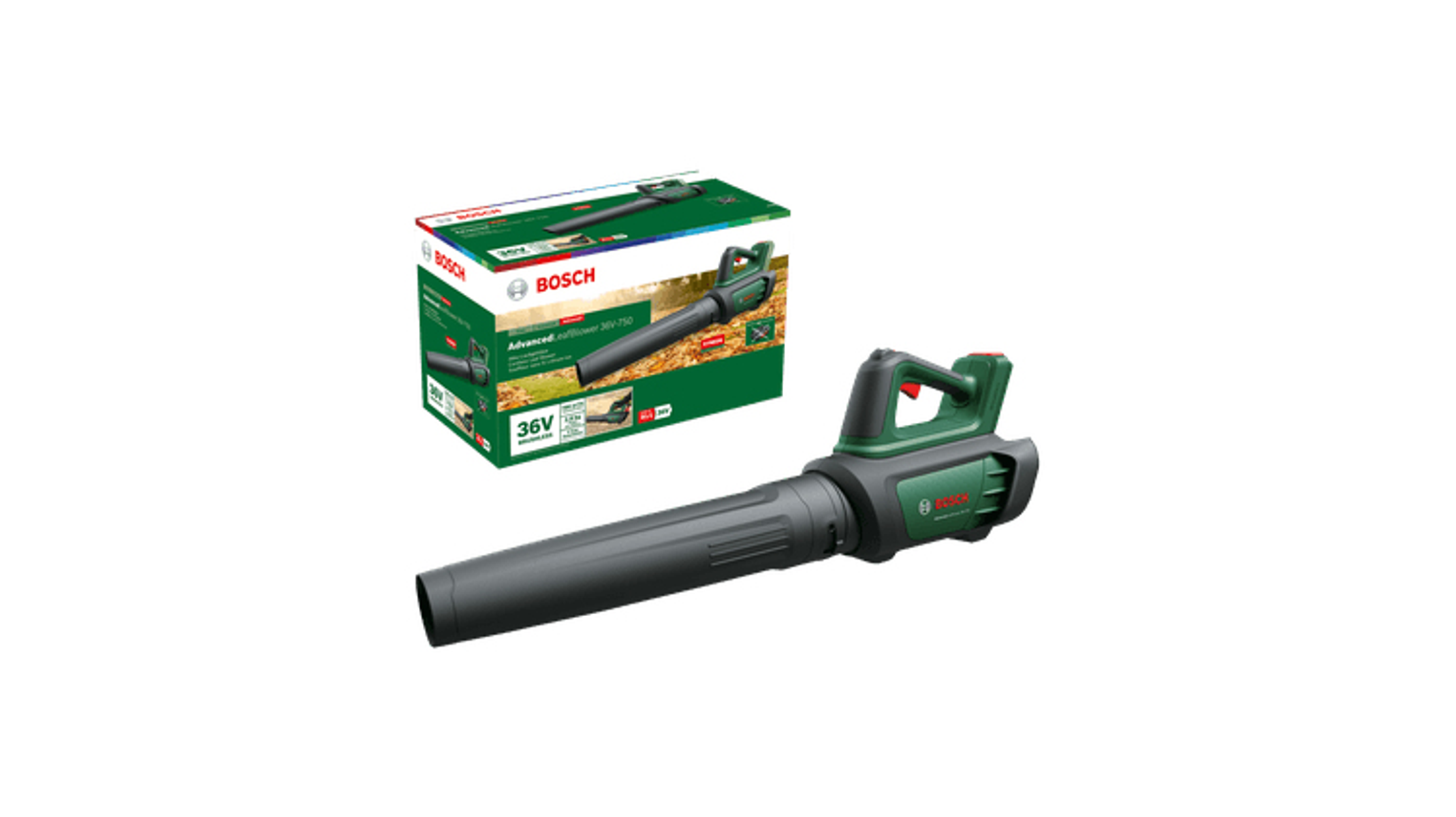 Grüner und schwarzer Laubbläser mit Verpackung, Bosch-Logo.