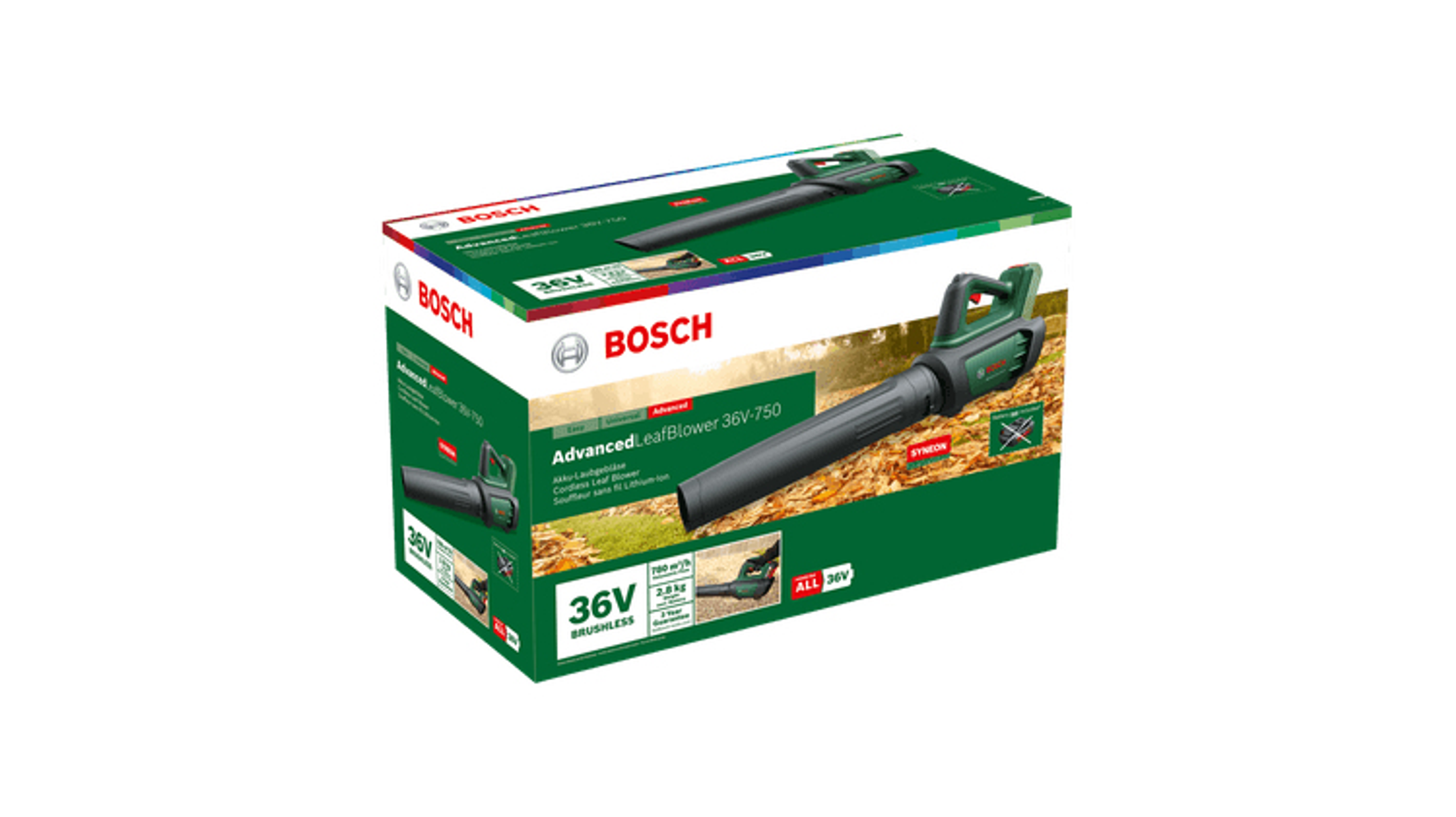 Verpackung eines grünen und schwarzen Bosch Laubbläsers mit Akku.