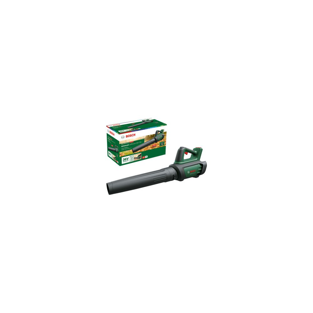 Ein grüner Bosch Laubbläser mit schwarzem Rohr und Verpackung daneben.