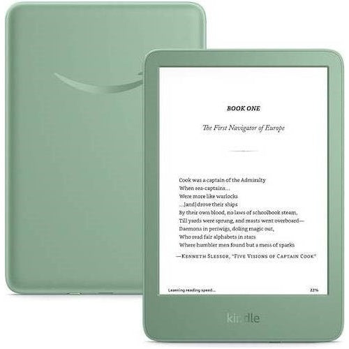 E-reader verde con libro aperto e logo Amazon sul retro.