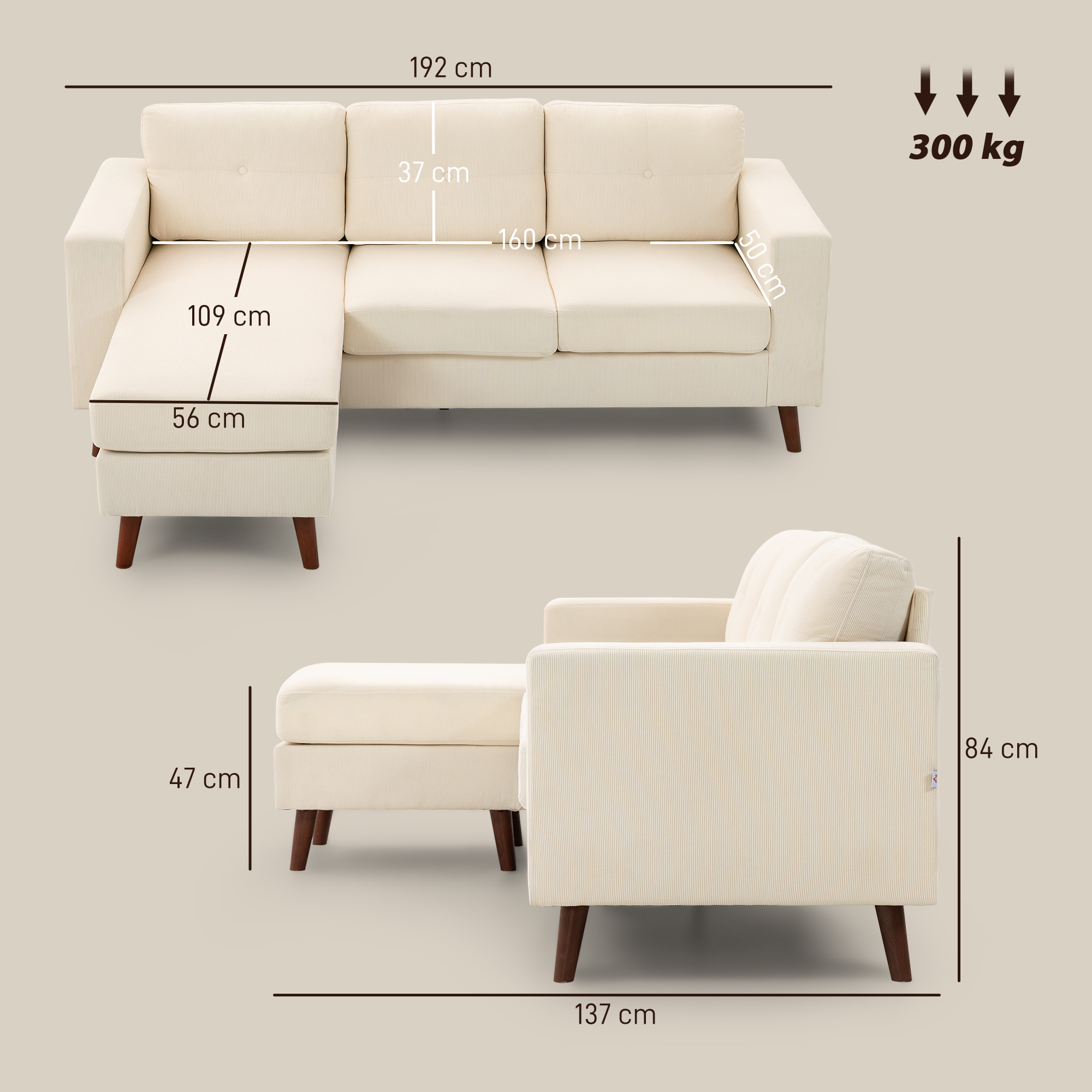 Sofá beige con dimensiones y capacidad de 300 kg.