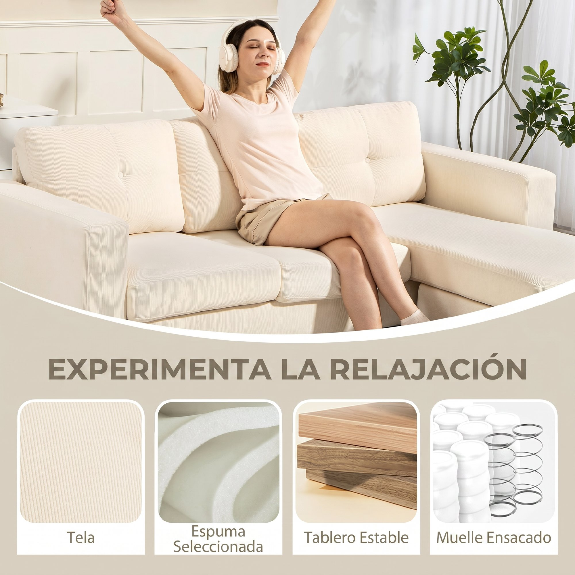 Mujer con auriculares se relaja en sofá crema, cuatro imágenes detalladas de materiales.
