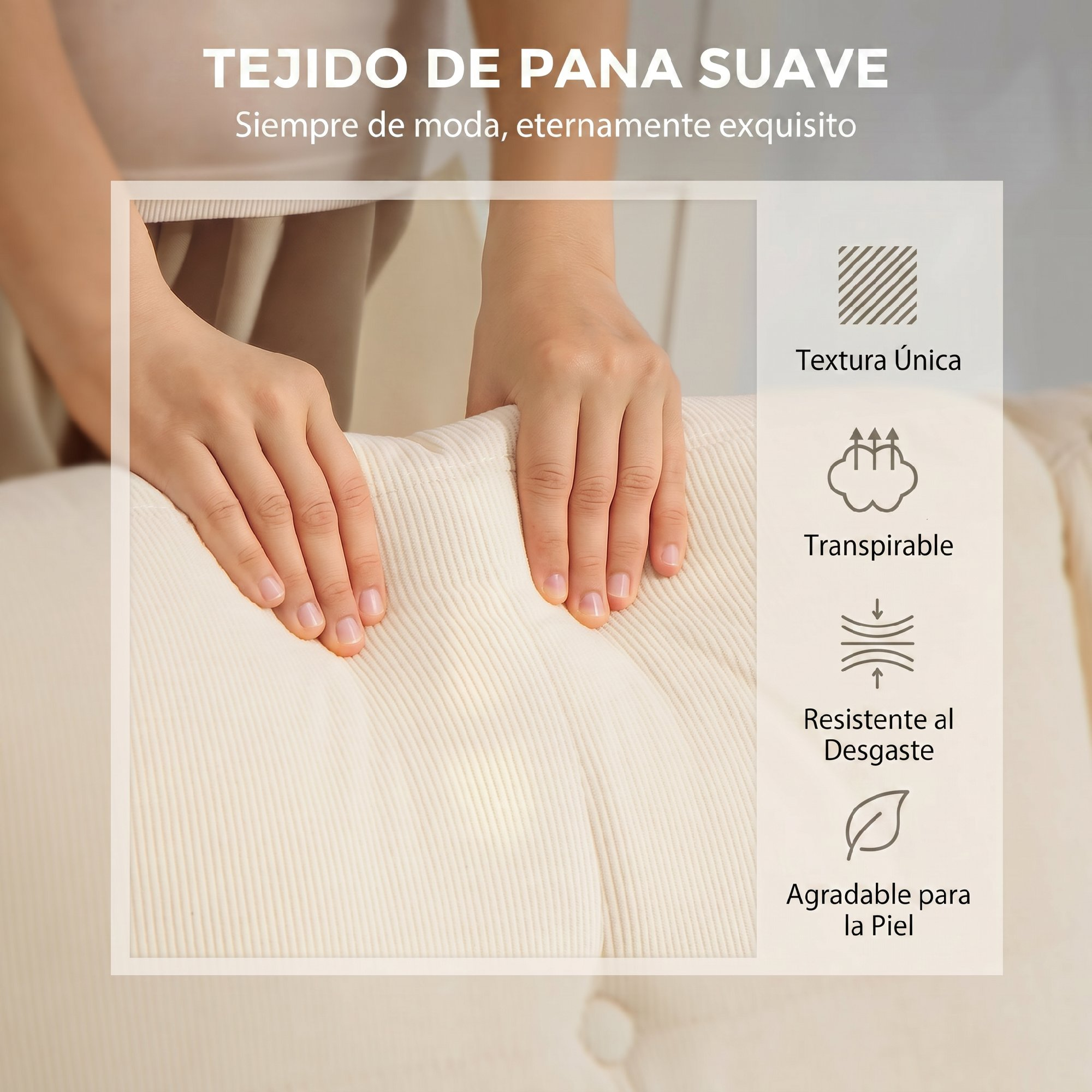 Manos tocando tela suave, color crema con costillas verticales.