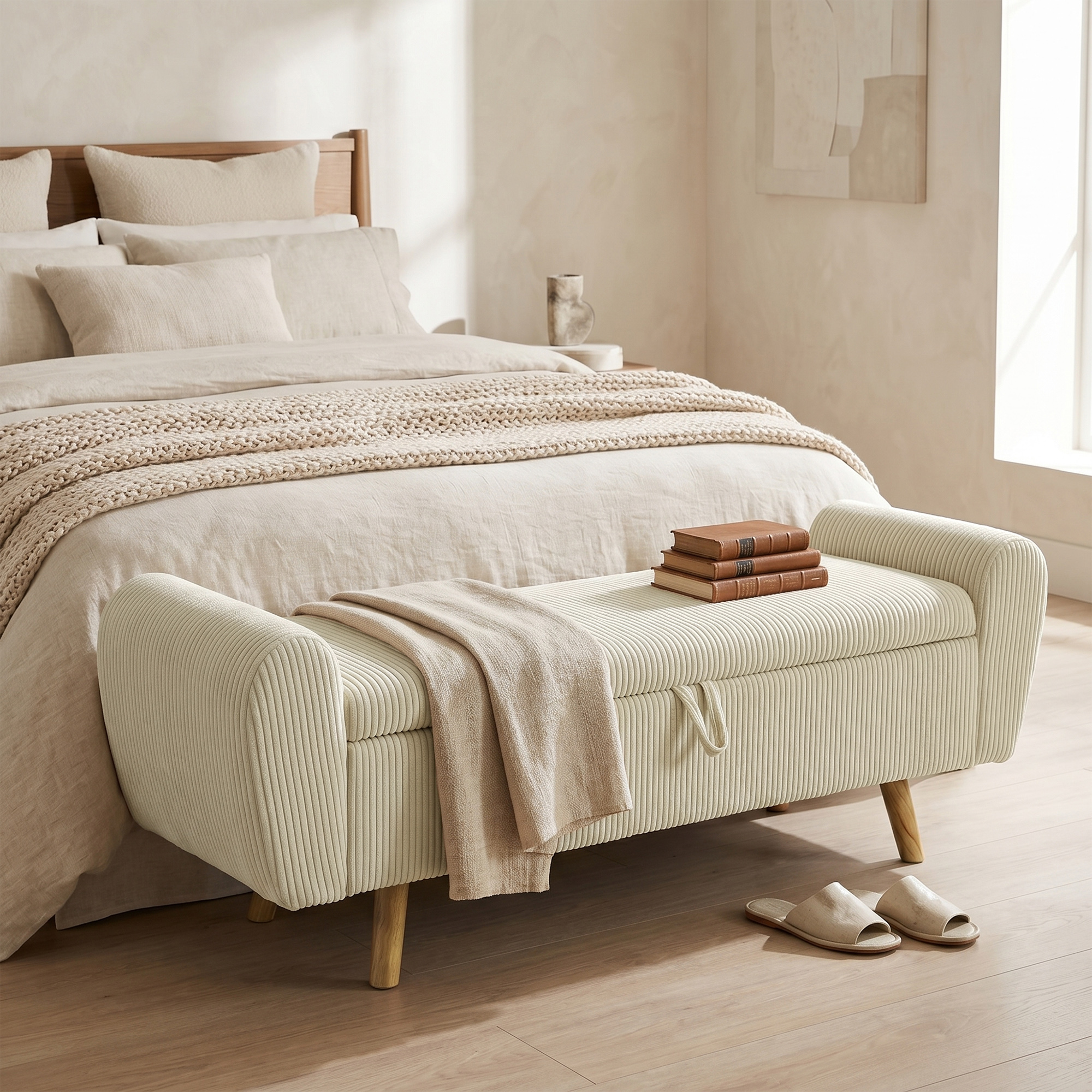 Una cama beige con cojines y mantas, delante un banco crema con libros y una manta.