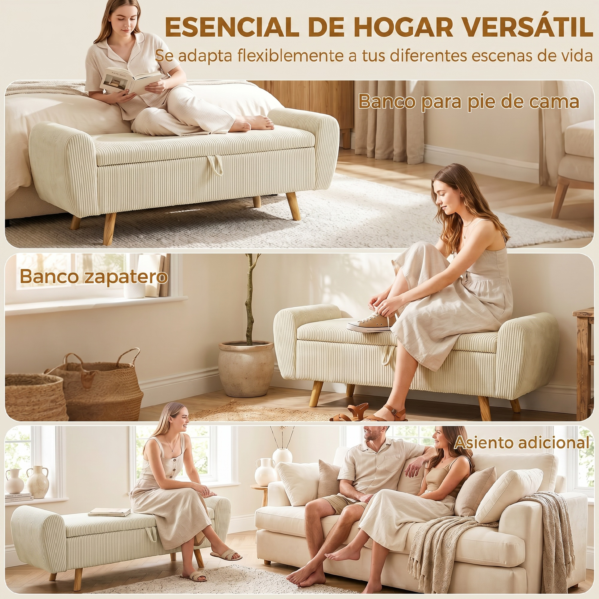 Textiles versátiles para el hogar: Un hombre y dos mujeres sentados en un sofá y banco.