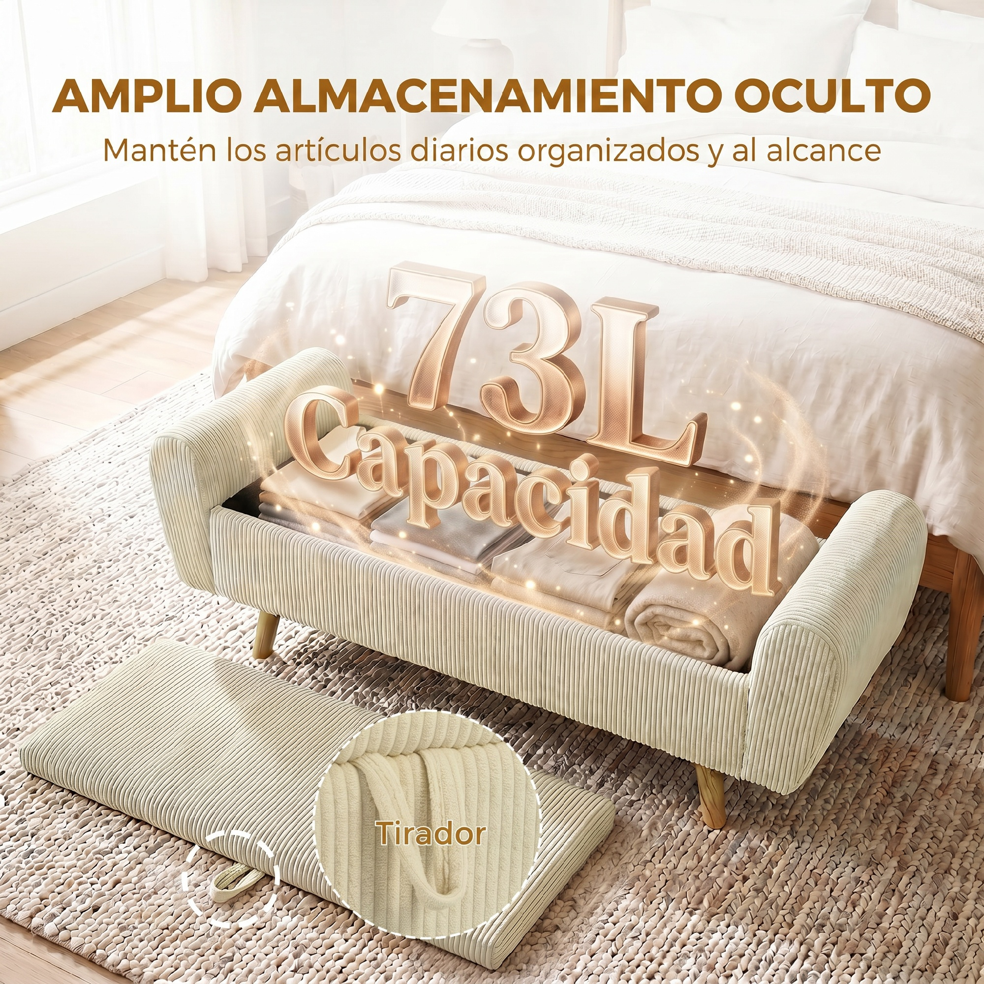Banqueta de almacenamiento beige con capacidad de 73L frente a una cama.