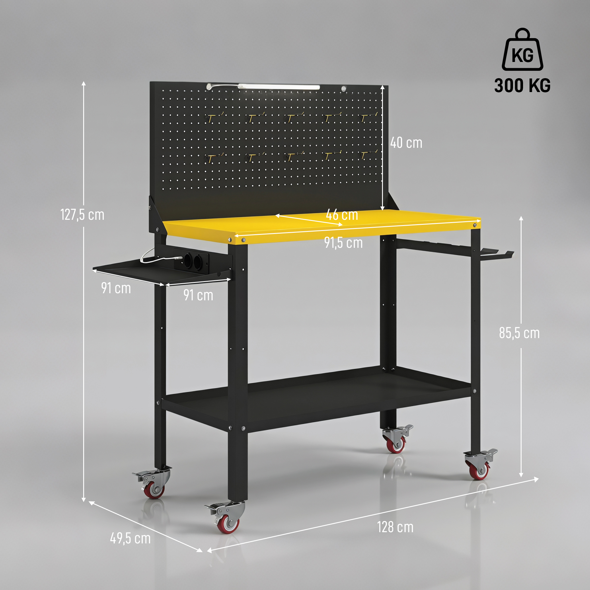 Carro de taller con tablero amarillo, panel perforado y 300 kg.
