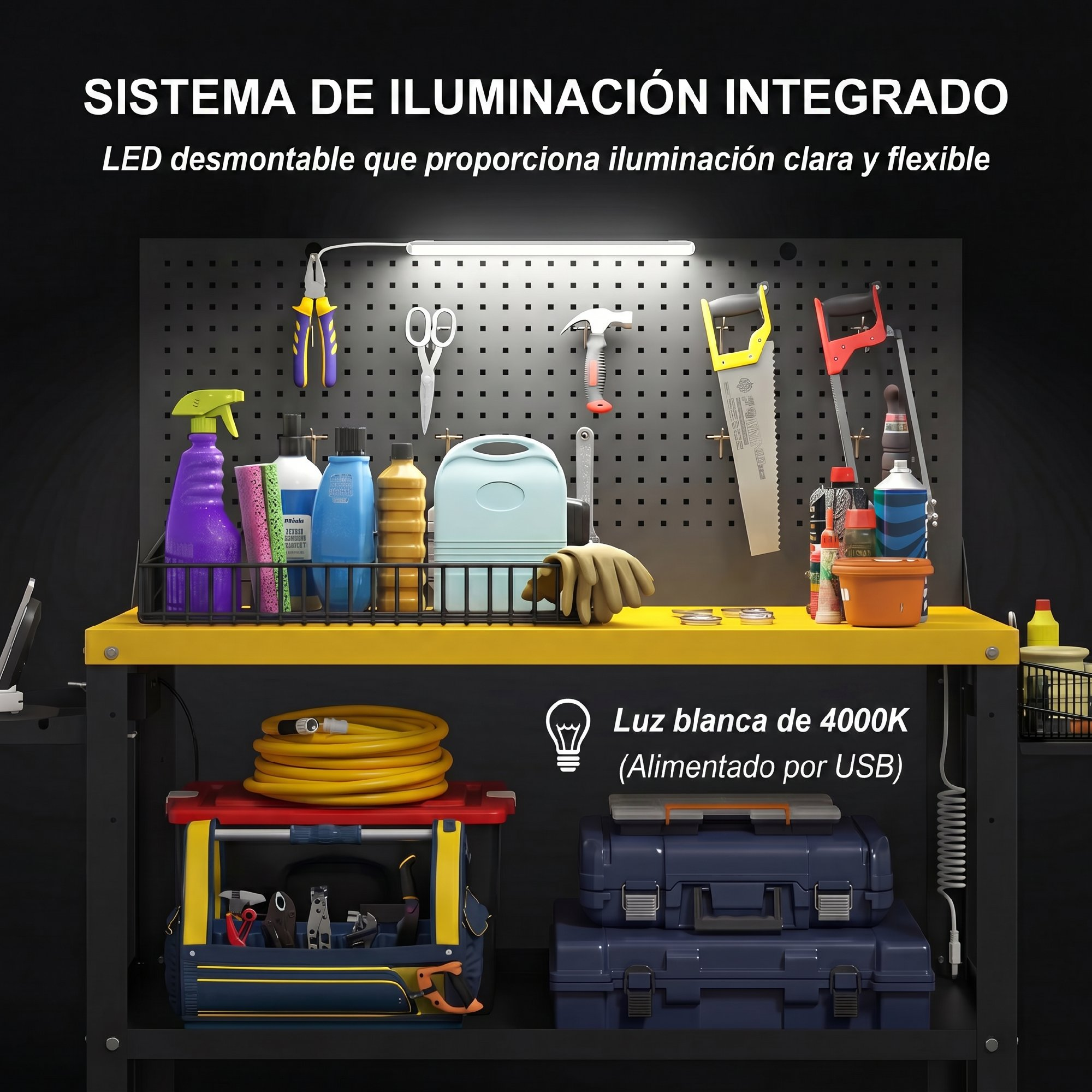 Bancada con herramientas, artículos de limpieza y cajas de herramientas bajo iluminación LED.