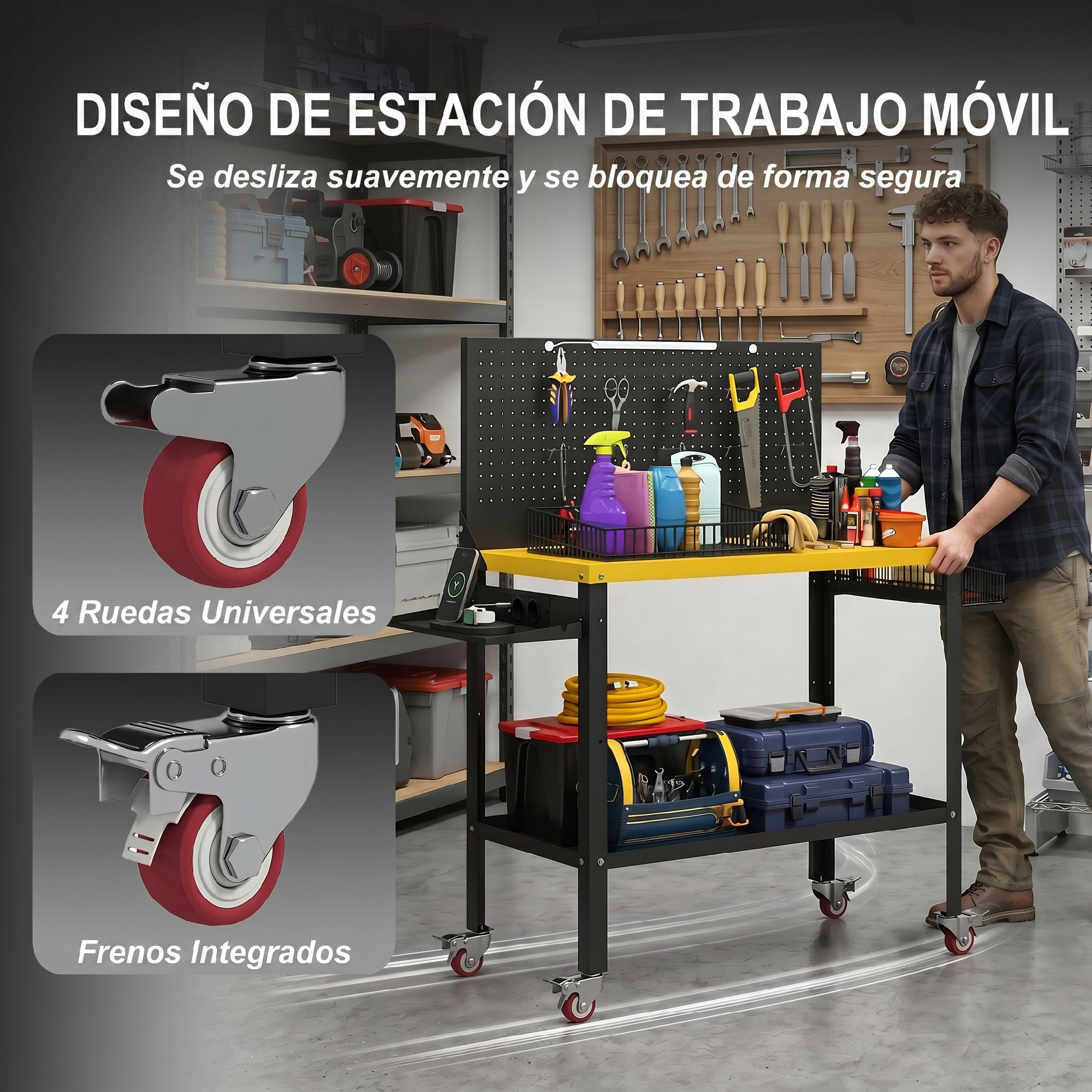 Un hombre empuja un banco de trabajo móvil amarillo con herramientas y almacenamiento.