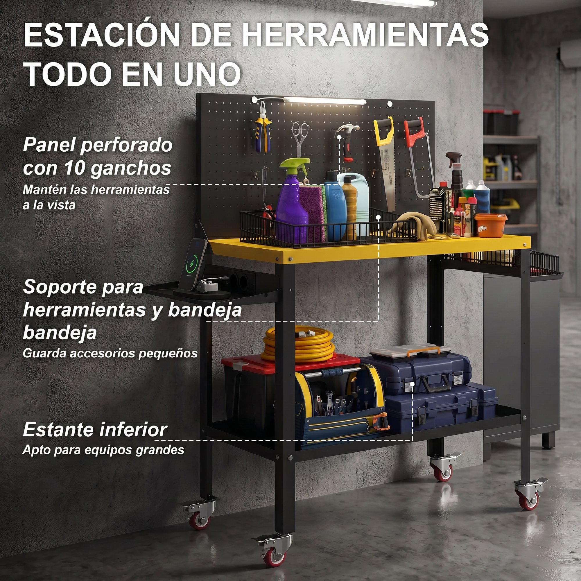 Estación de herramientas con estante amarillo, panel y ruedas.