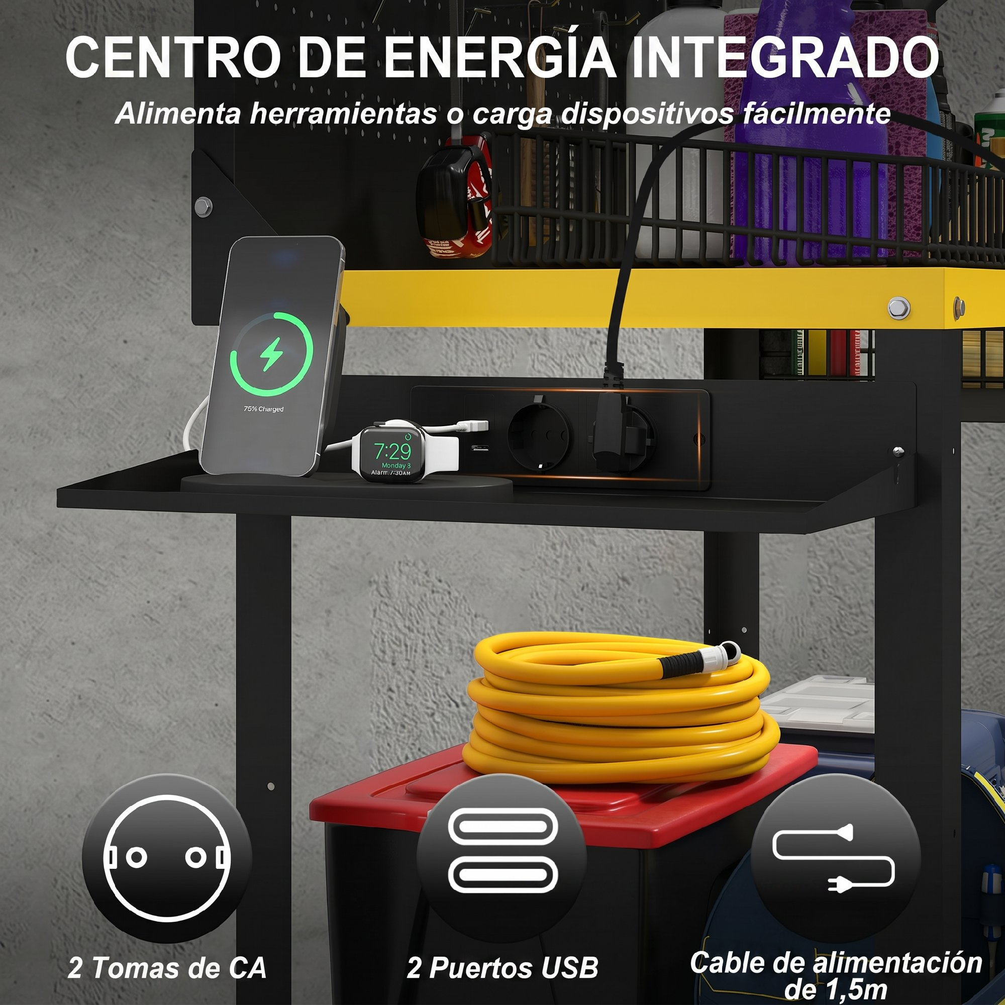 Un teléfono y reloj inteligente cargando. Rollo de cable amarillo sobre caja roja.