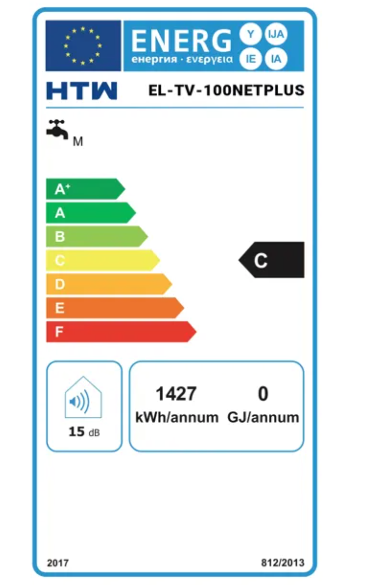 Etiqueta de eficiencia energética HTW EL-TV-100NETPLUS, Clase C, nivel de ruido 15 dB.