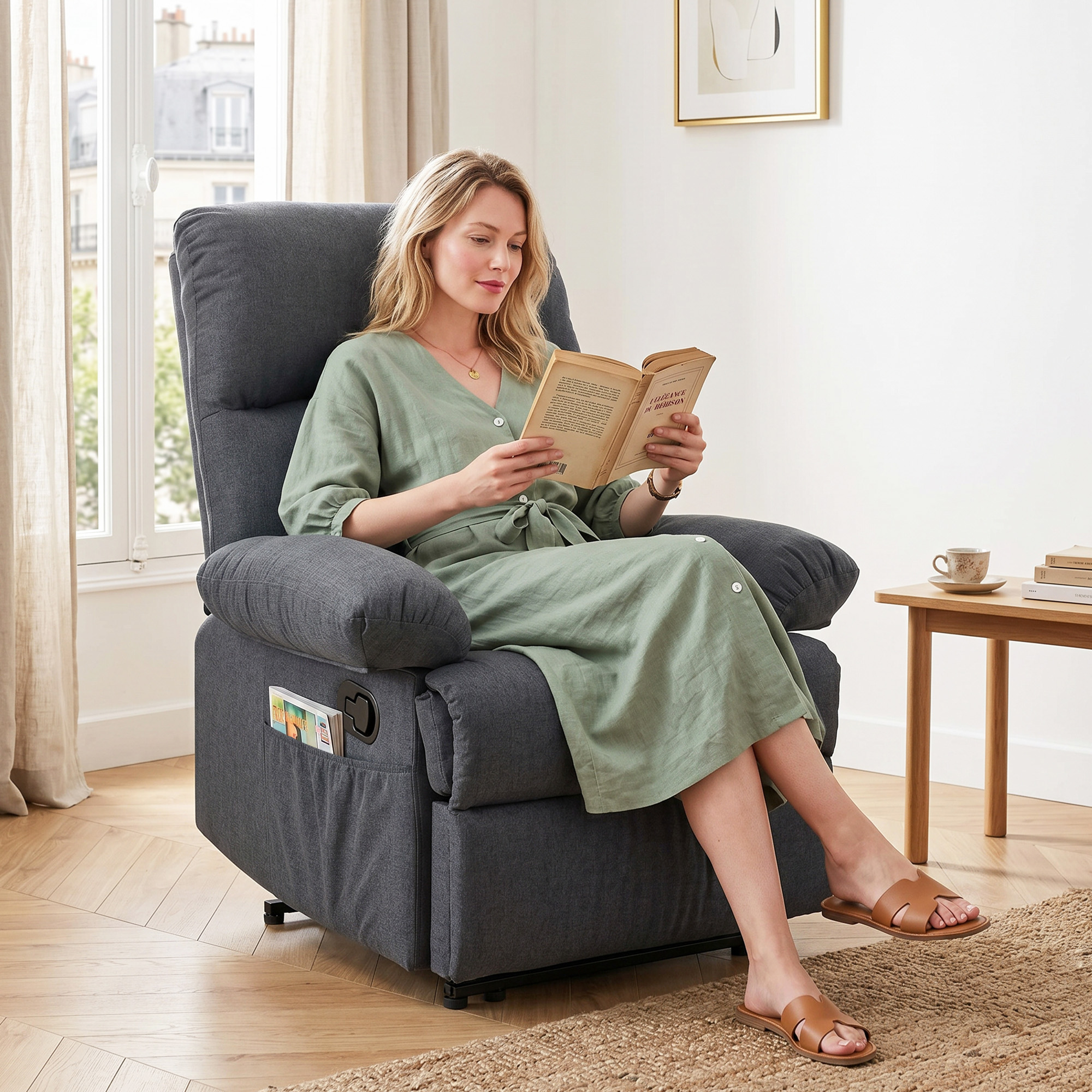 Una mujer lee un libro en un sillón gris. Cerca hay una mesa auxiliar con taza y libros.