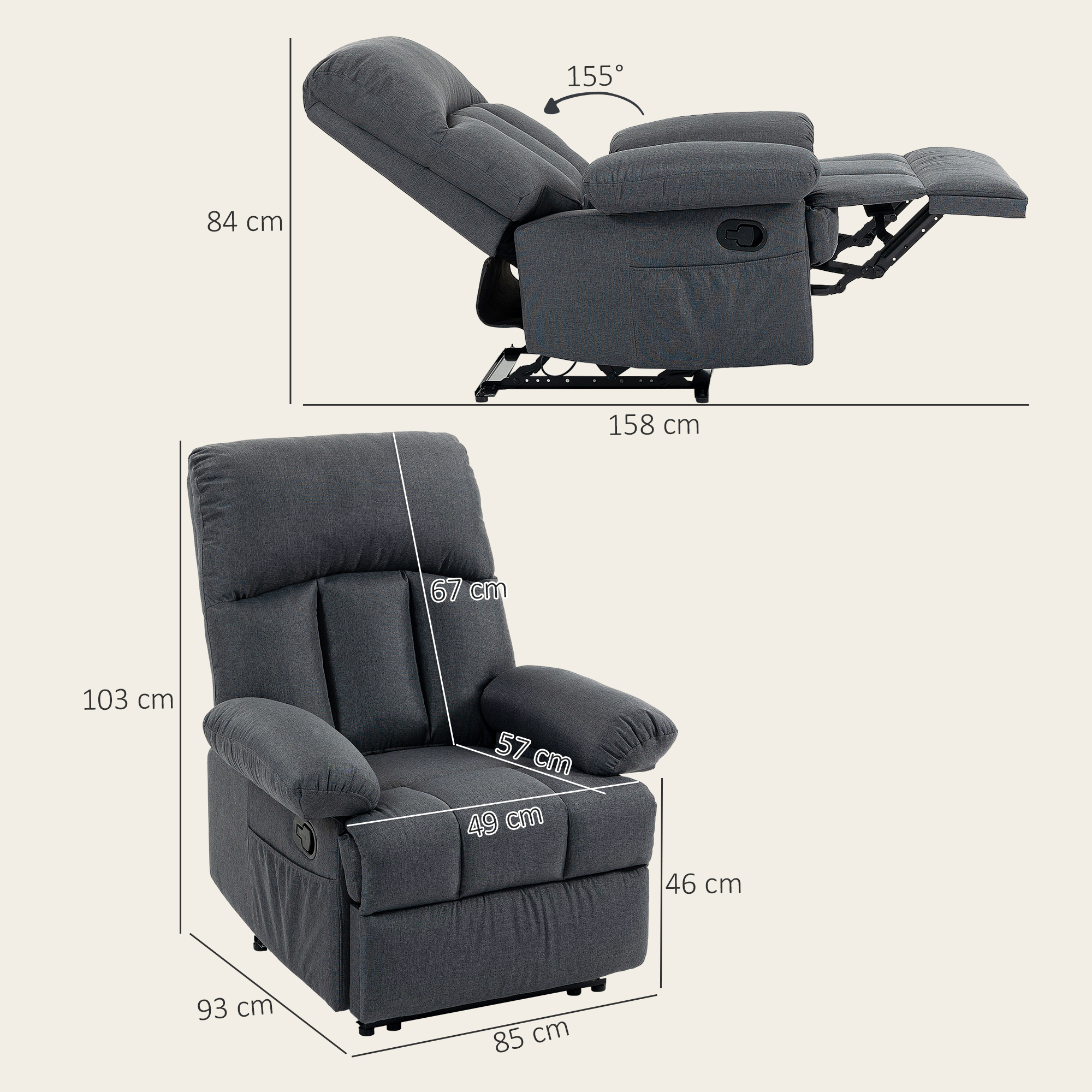 Sillón reclinable gris oscuro mostrado erguido y reclinado, con dimensiones.