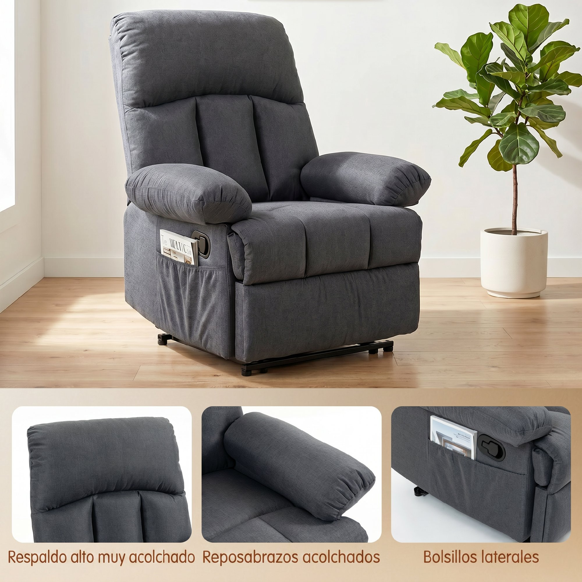 Un sillón reclinable gris oscuro con bolsillos laterales.