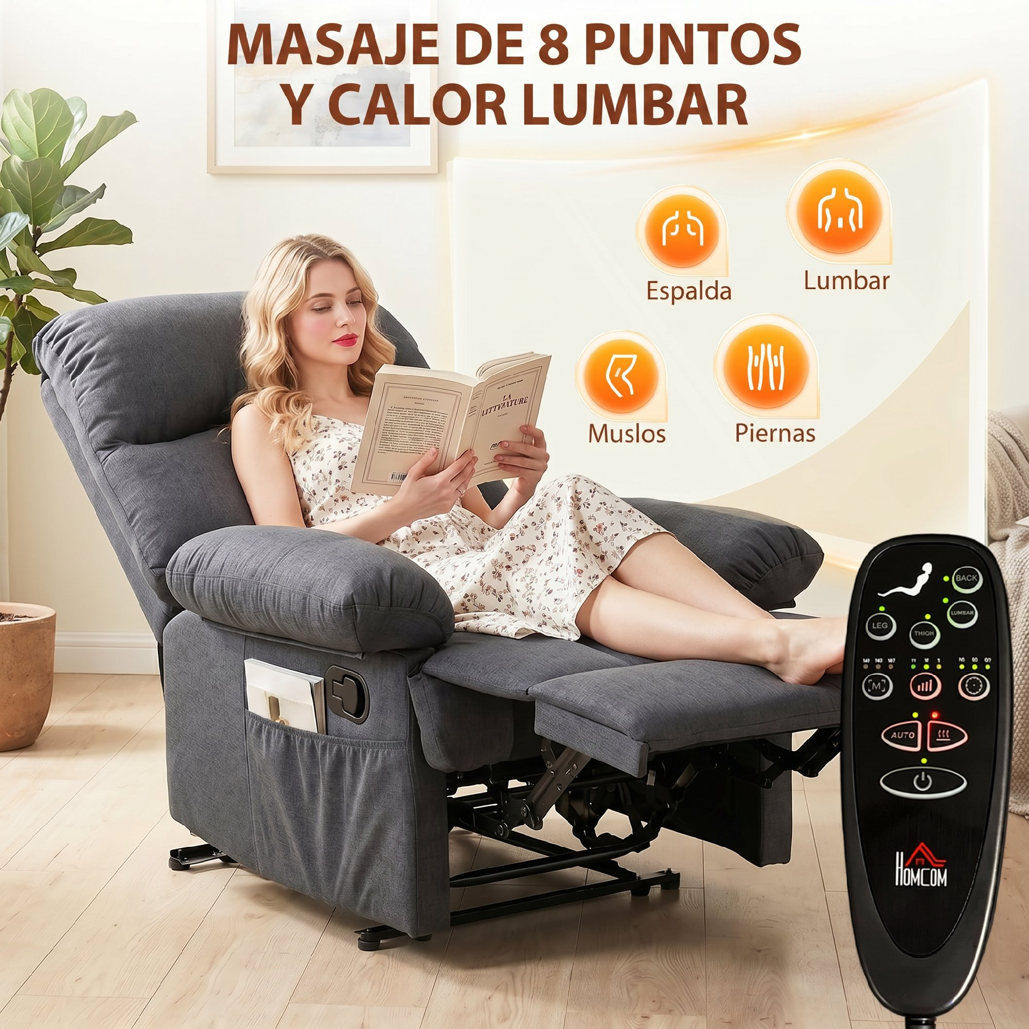 Mujer lee libro en sillón con control remoto e iconos de masaje.