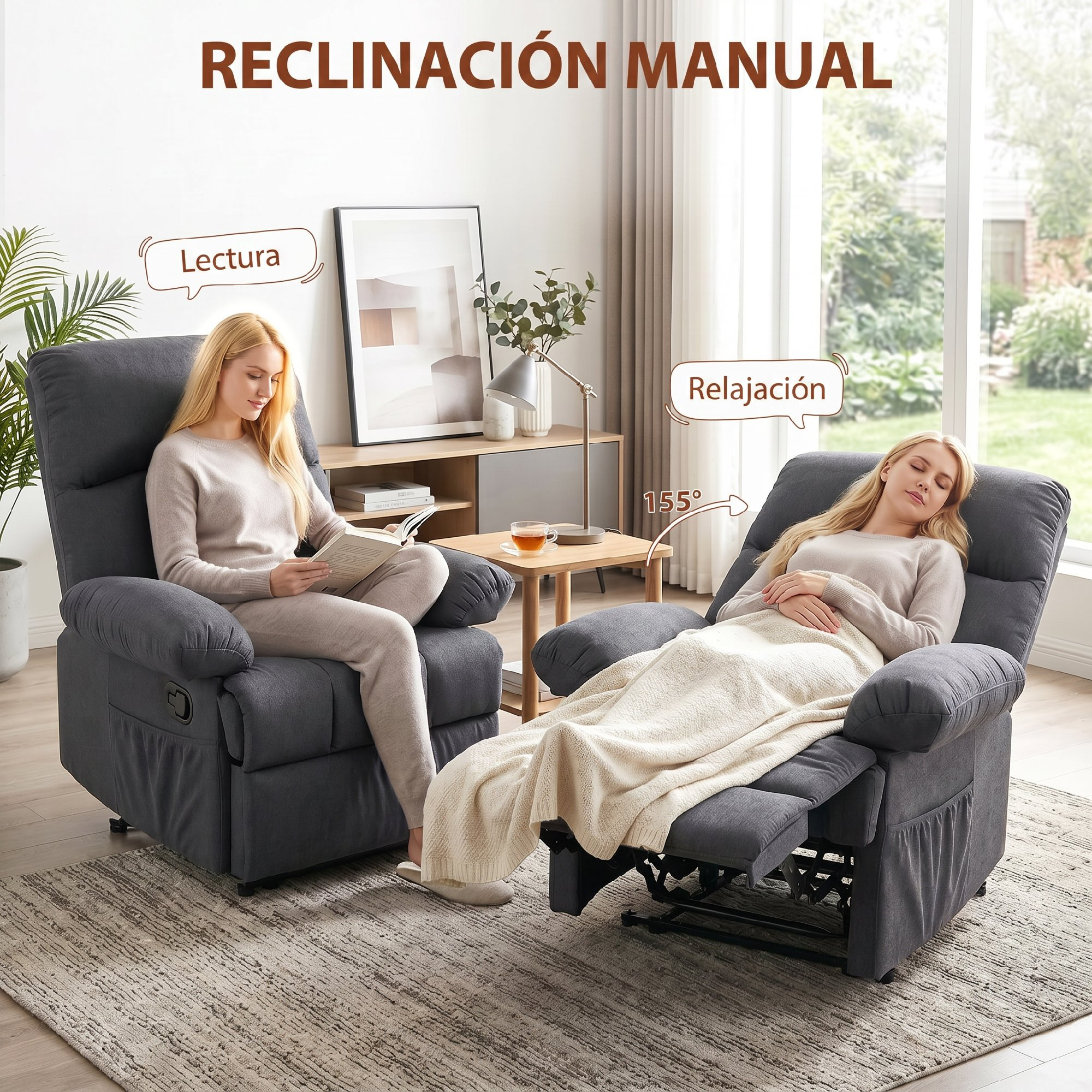 Una mujer lee en un sillón; otra duerme en un sillón reclinado. Entorno interior.
