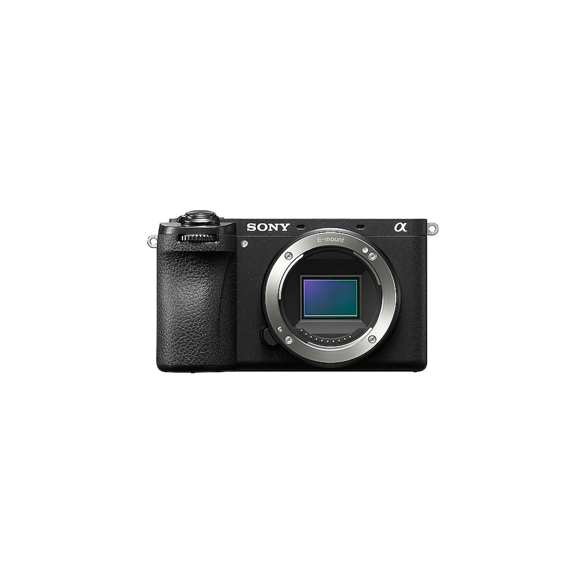 Görünür sensörlü, gümüş renkli E-mount lens halkalı siyah Sony Alpha kamera.