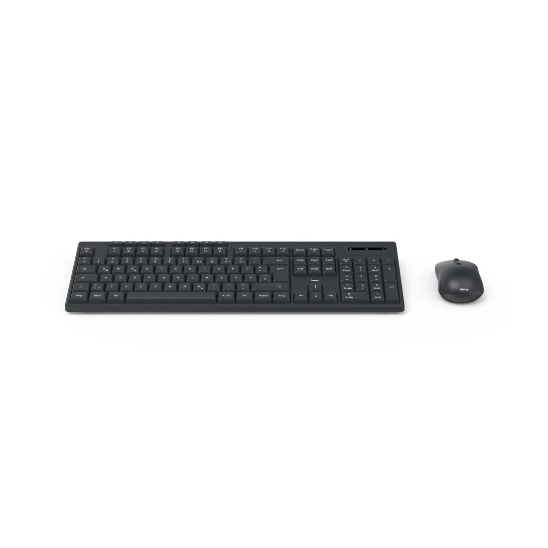 Tastiera e mouse wireless neri su sfondo bianco.