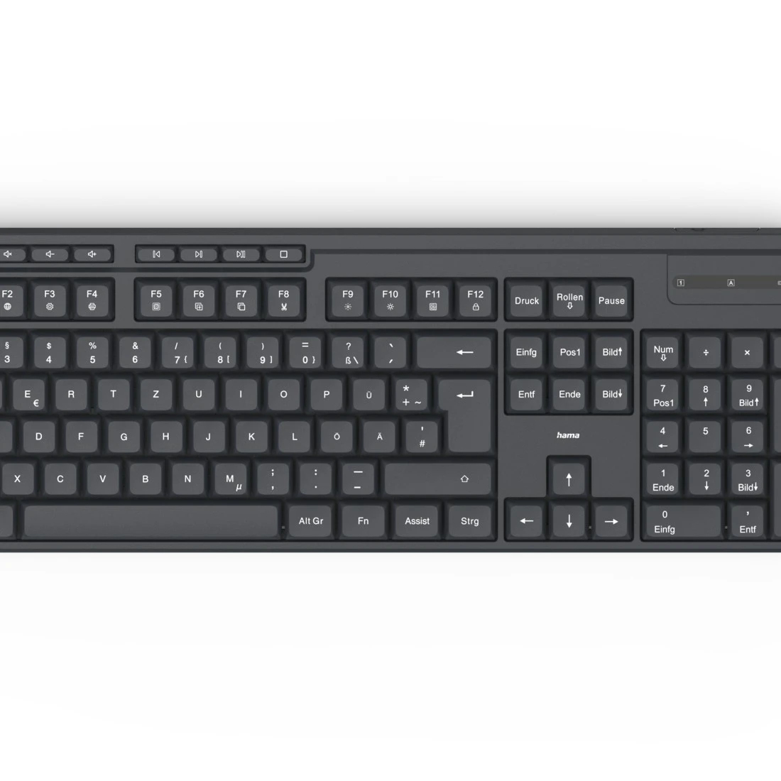 Una tastiera grigio scuro con layout QWERTZ standard e tastierino numerico.