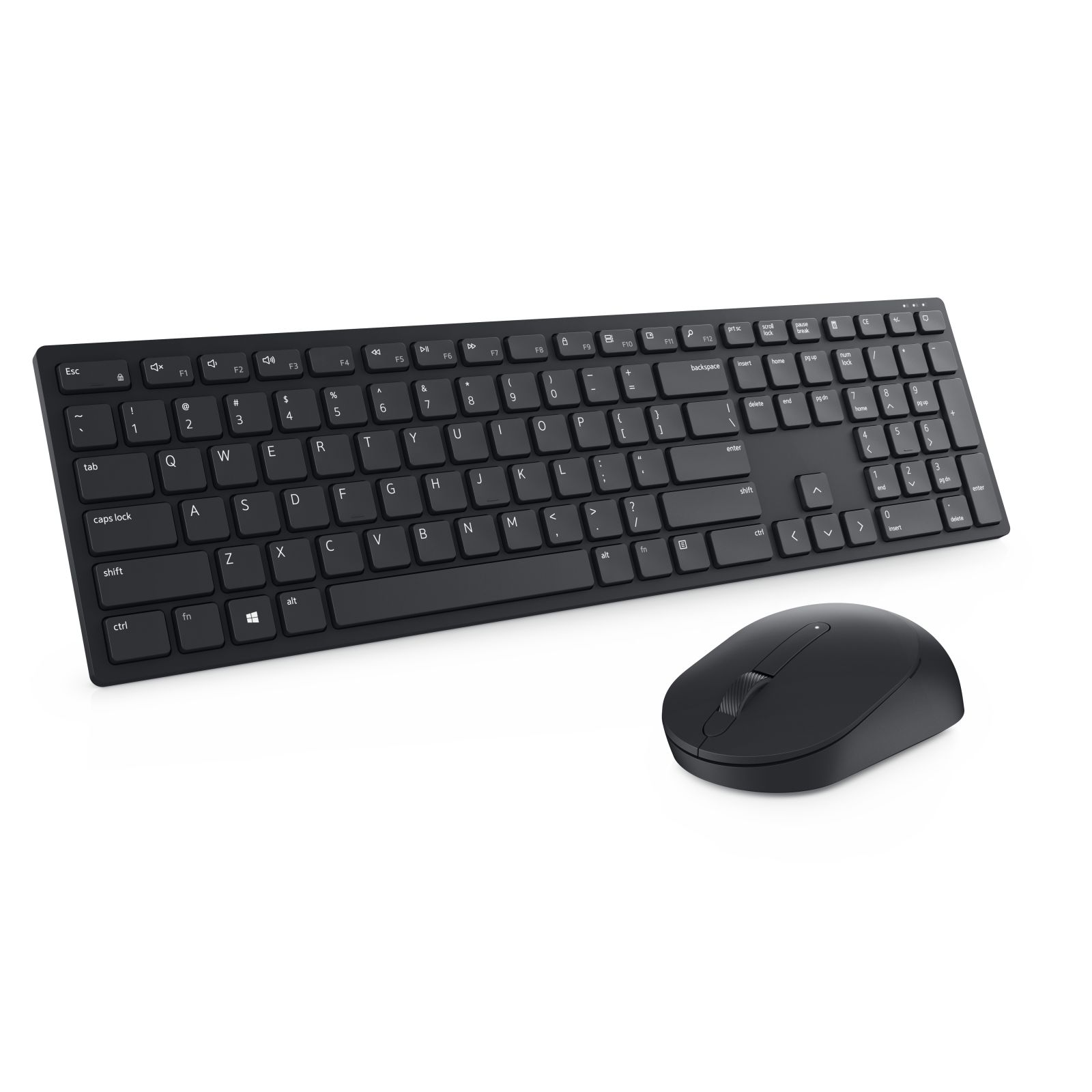 Una tastiera e un mouse wireless neri su sfondo bianco. La tastiera è di dimensioni standard.