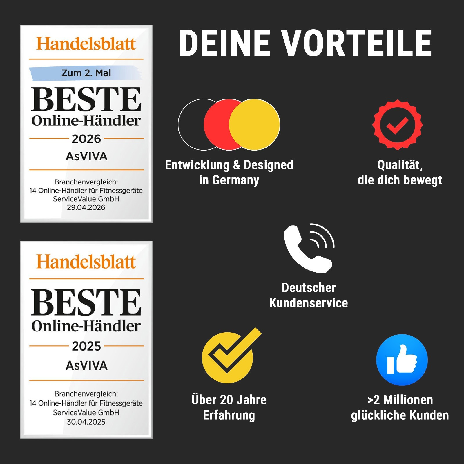 Zwei Handelsblatt-Siegel: Beste Online-Händler 2025/2026. Vorteile: Made in Germany, Qualität, Kundenservice.