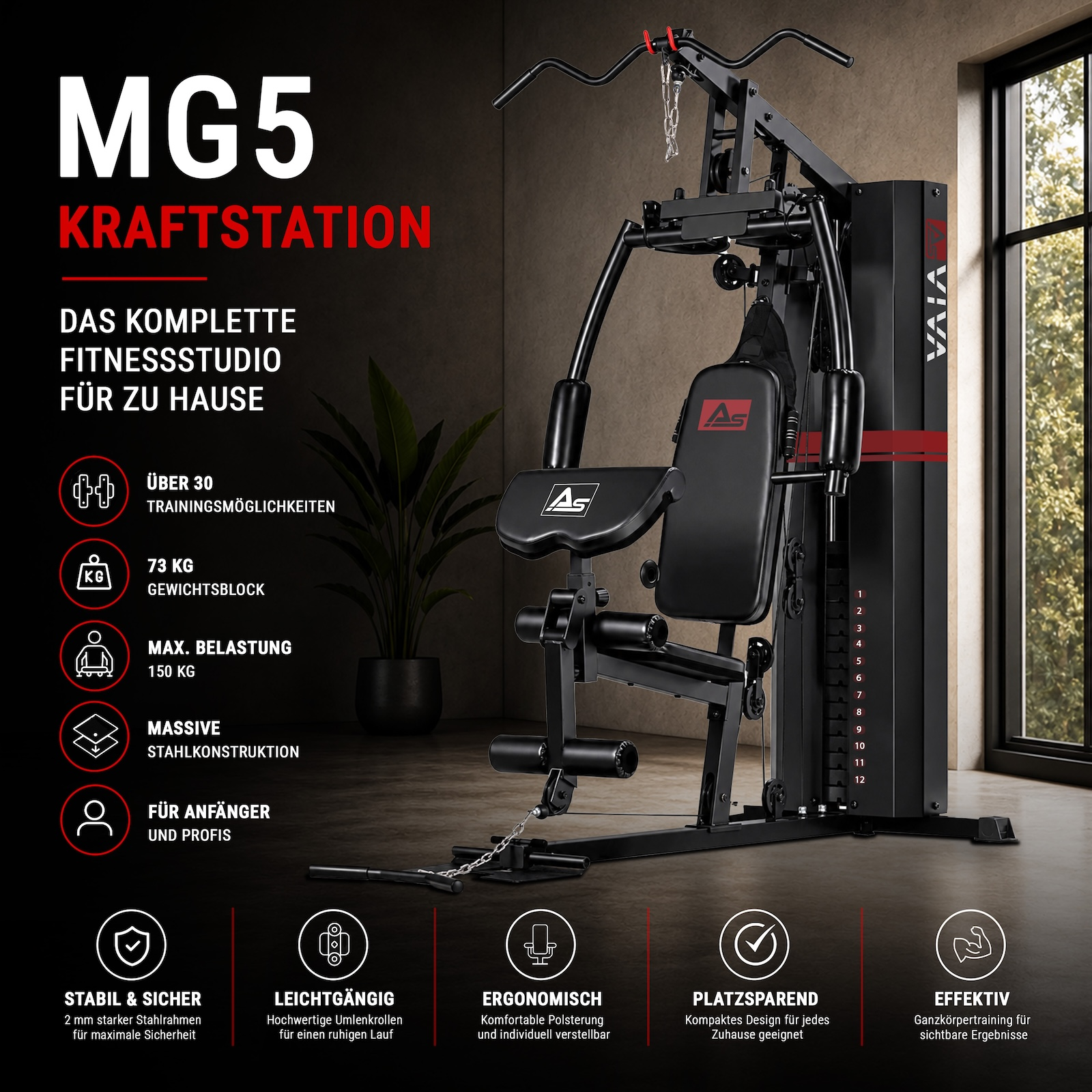 Ein schwarzer Fitness-Kraftturm mit Sitz, Gewichtsblock und Hantelstange.