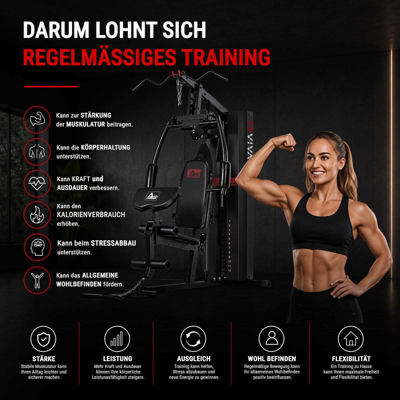 Frau mit trainiertem Körper neben einem Heimtrainer, der Vorteile hervorhebt.