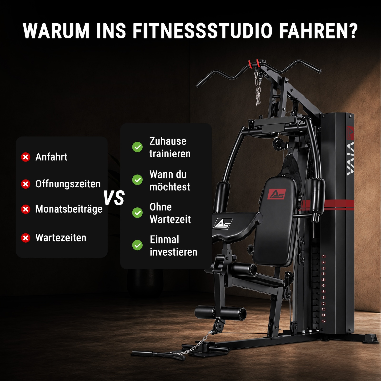 Hantelbank mit Text, der Vor- und Nachteile von Zuhause vs. Fitnessstudio vergleicht.