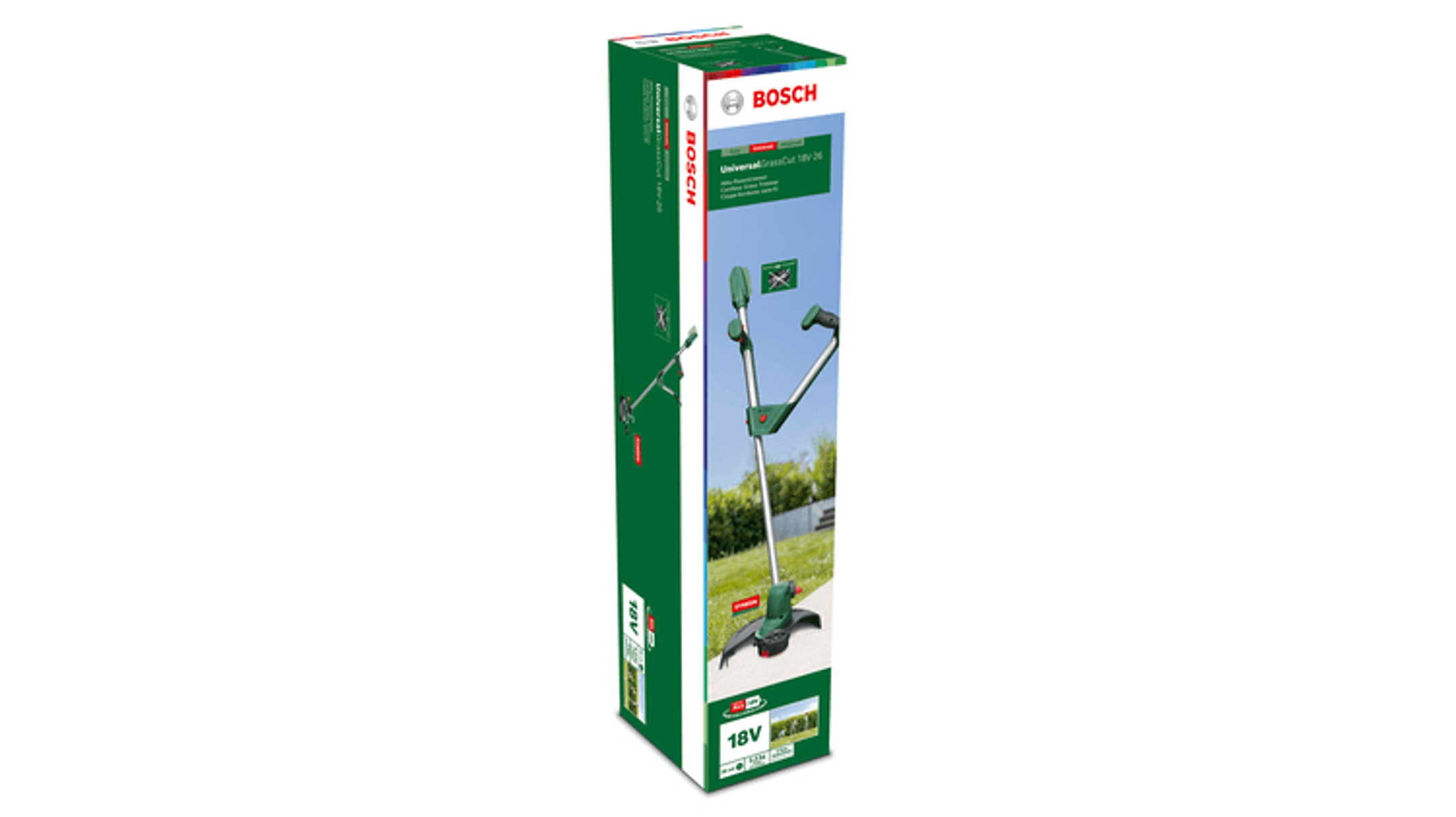 Verpackung eines Bosch Rasentrimmers mit Bild des Geräts und Garten im Hintergrund.
