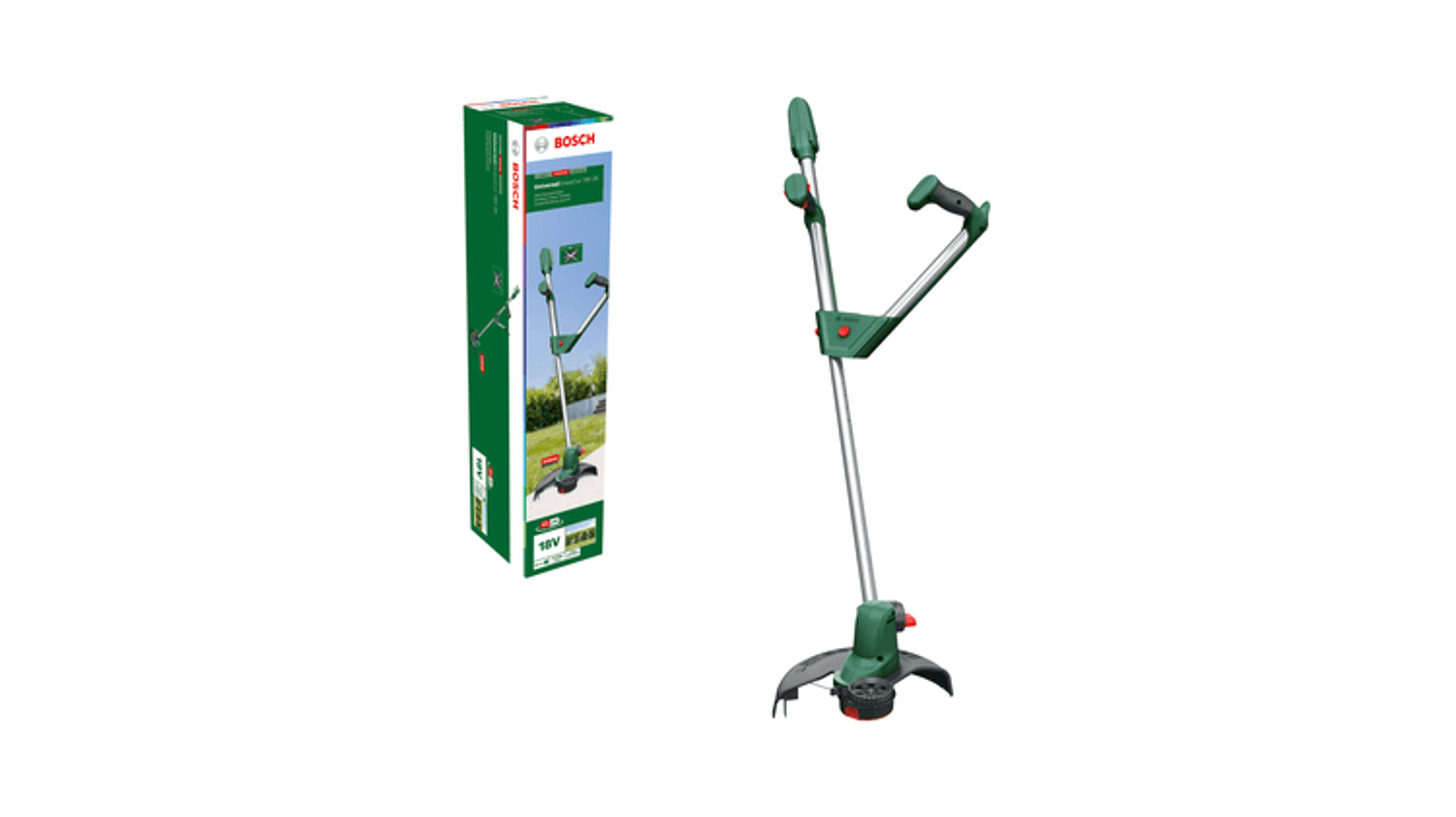 Ein Bosch-Rasentrimmer und seine Verpackung auf weißem Hintergrund.
