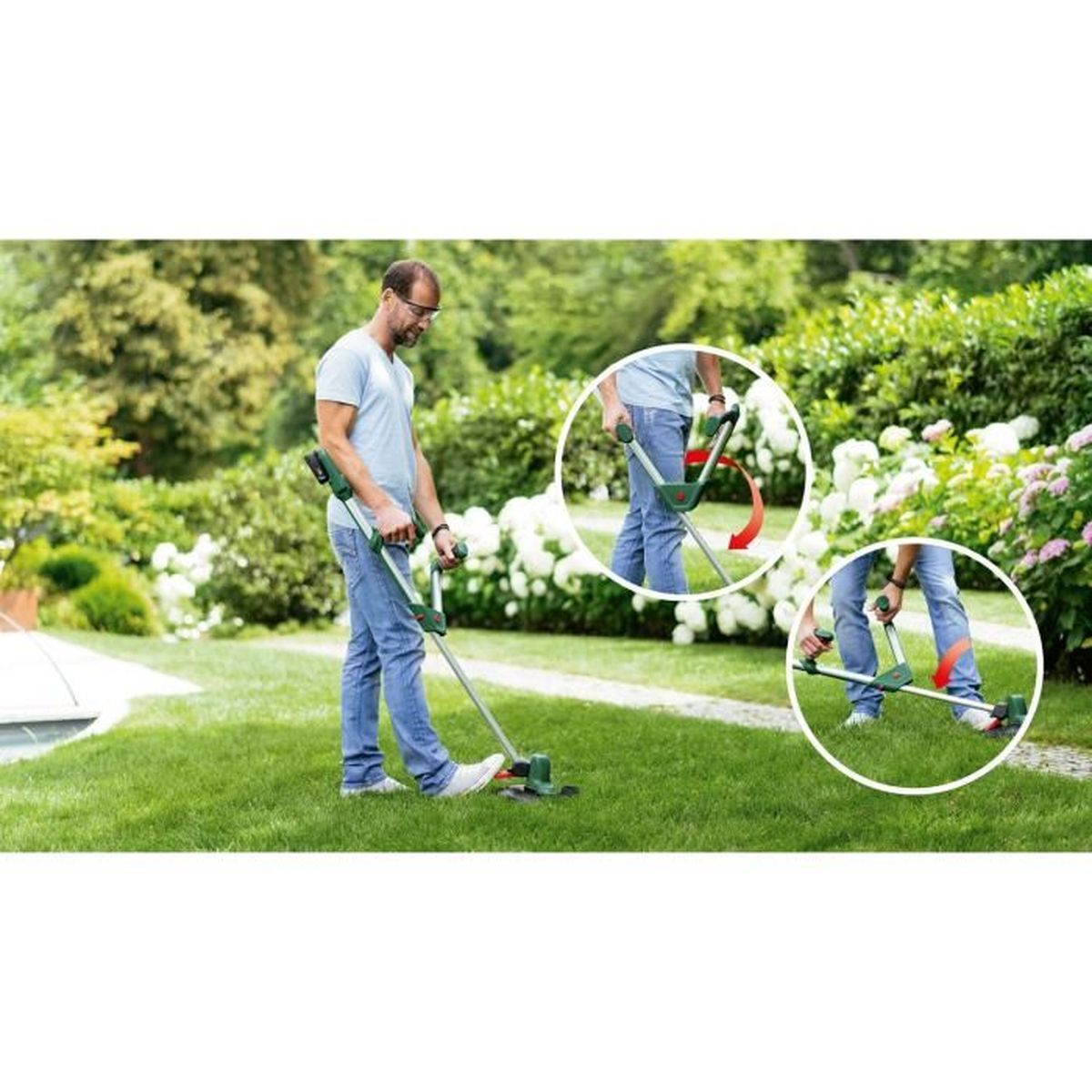 Mann in blauem Hemd und Jeans benutzt einen grünen Rasentrimmer im Garten.